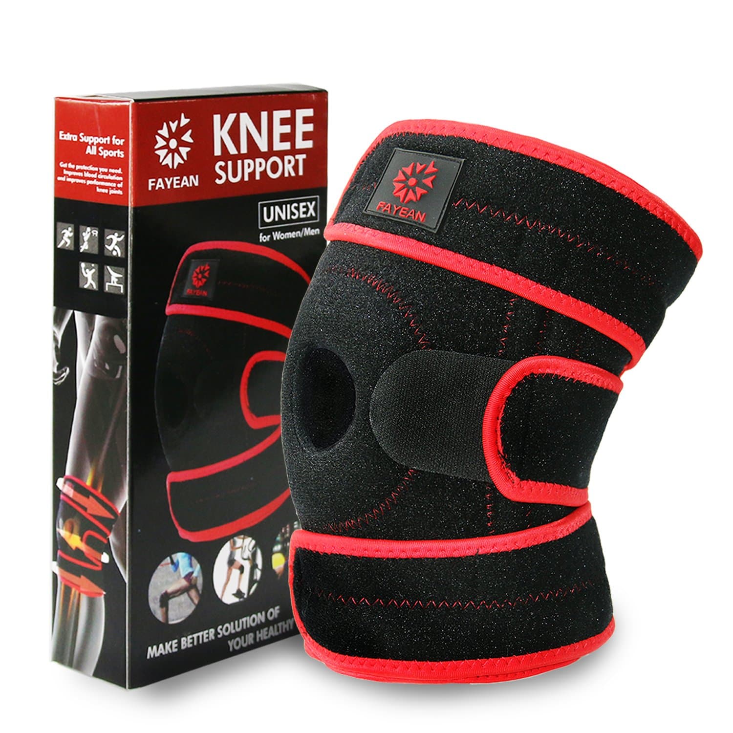 FAYEAN Knee Brace Support,Relieves ACL,LCL,MCL,Meniscus Tear,Arthritis,Open Patella Design Neoprene Adjustable Veclro,Breathable & Comfortable for Sports & Exercising