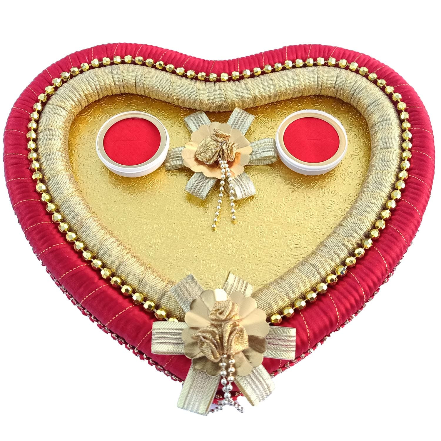 Amions Engagement Ring Platter MDF Base Red and Gold Color Heart Shape Decorative Tray, Wood