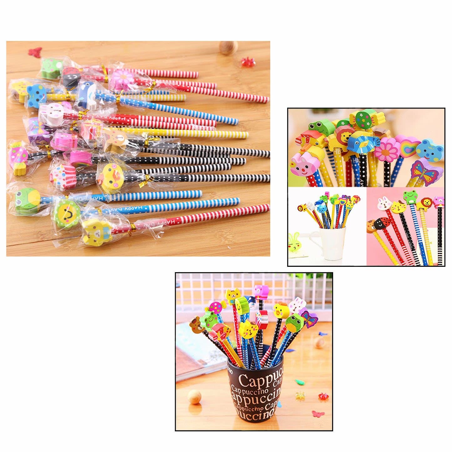 OFKPO 24 Pack Pencil Erasers Random Style Creative Student Wood Cute Animal Rubber Eraser Head For Kids Stationery School Pencil