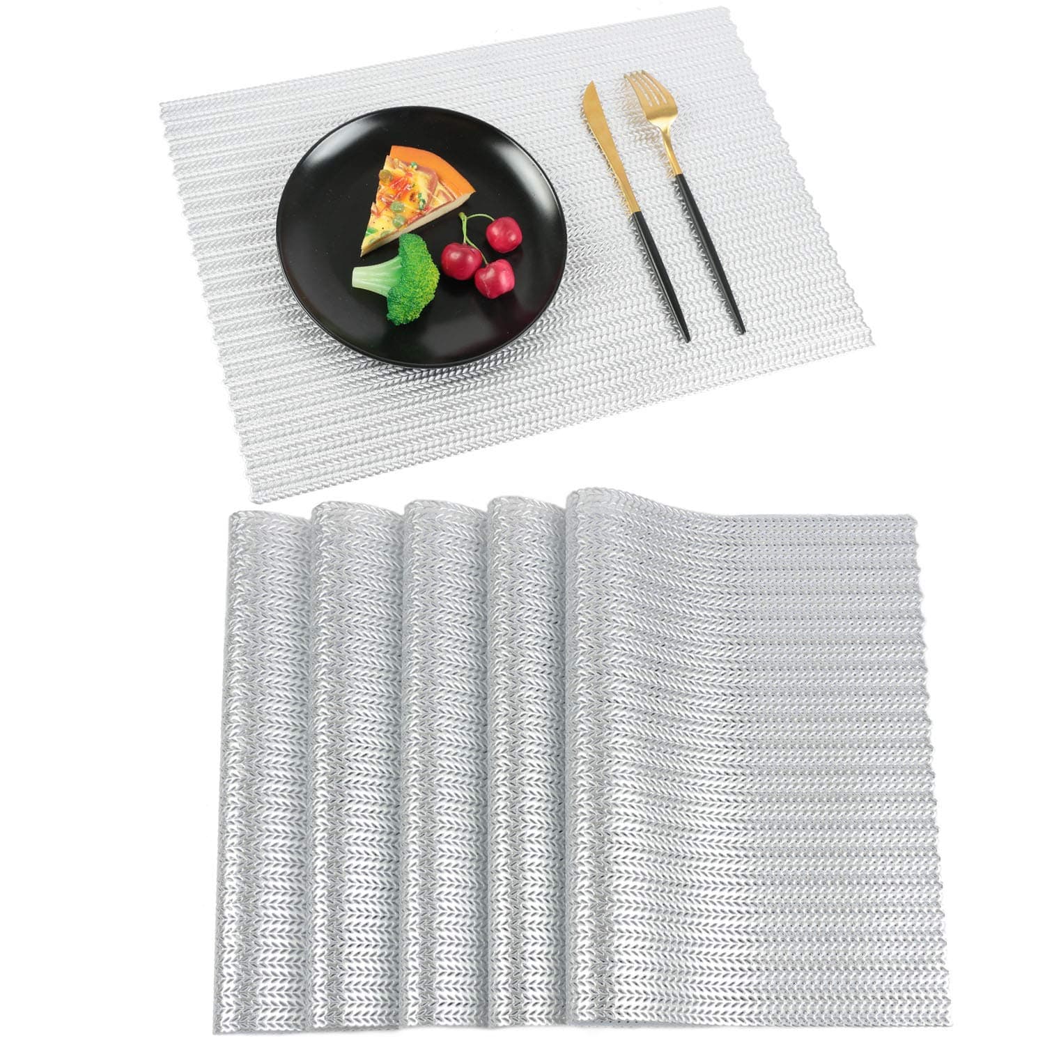 Homcomodar PU Leather Placemats for Dining Table Set of 6 Table Place Mats for Kitchen (set of 6, A-silver)