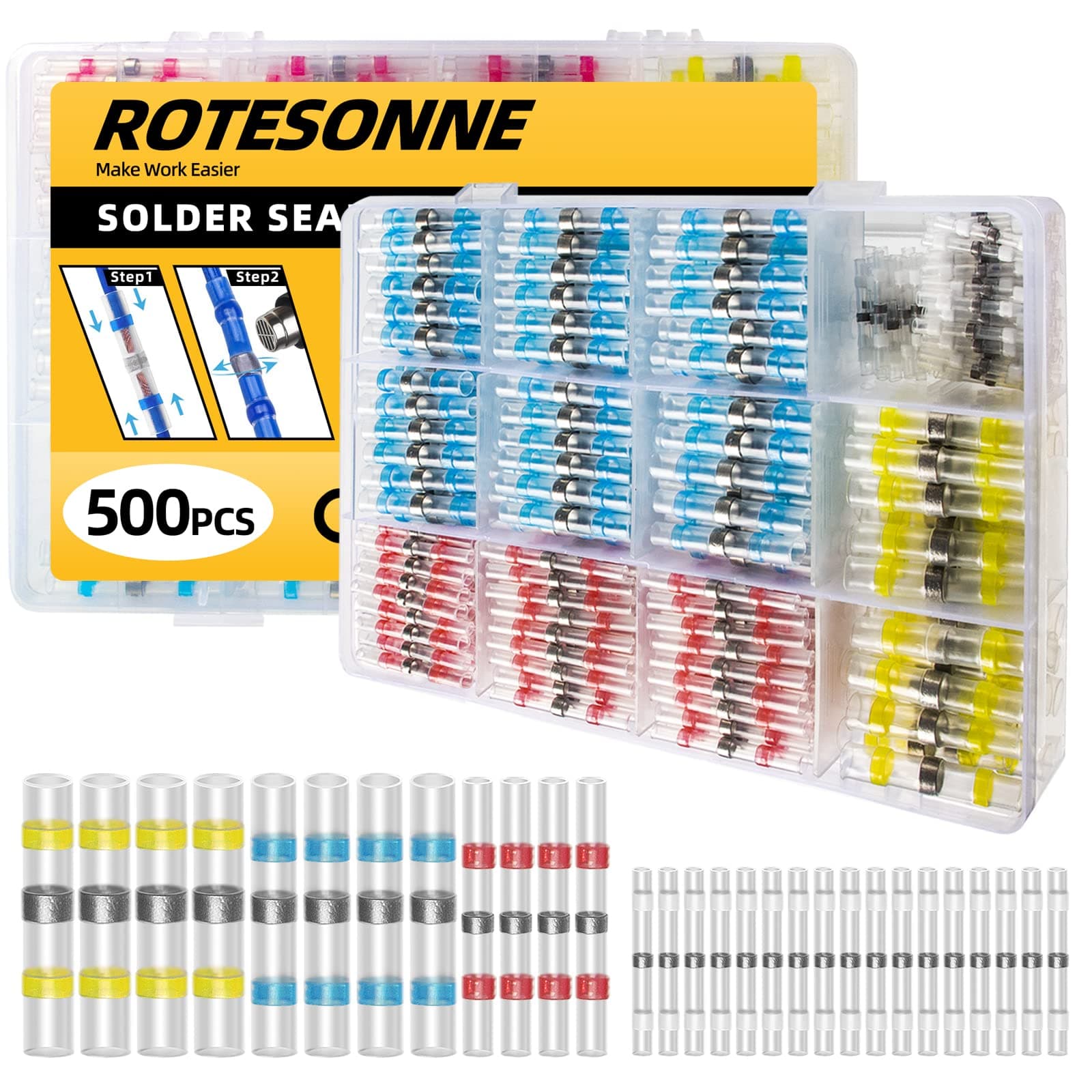 500PCS Solder Seal Wire Connectors, Waterproof and Insulated Heat Shrink Solder Connectors, Electrical Wire Butt Connectors Kit, Butt Splice(40Yellow 80White 180Red 200Blue)