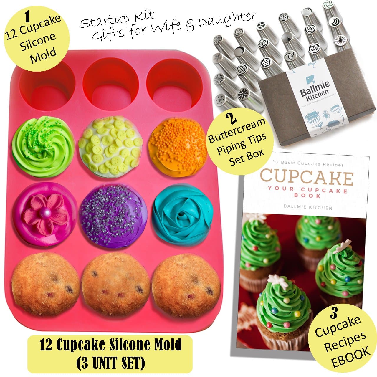 Ballmie Christmas Cupcake Muffin Cupcake Baking Mold set, cupcake pan,Piping tips & Cupcake recipe ebook,Icing Nozzles silicone cupcake liners Thanksgiving mold Christmas cupcake(12 Cupcake)