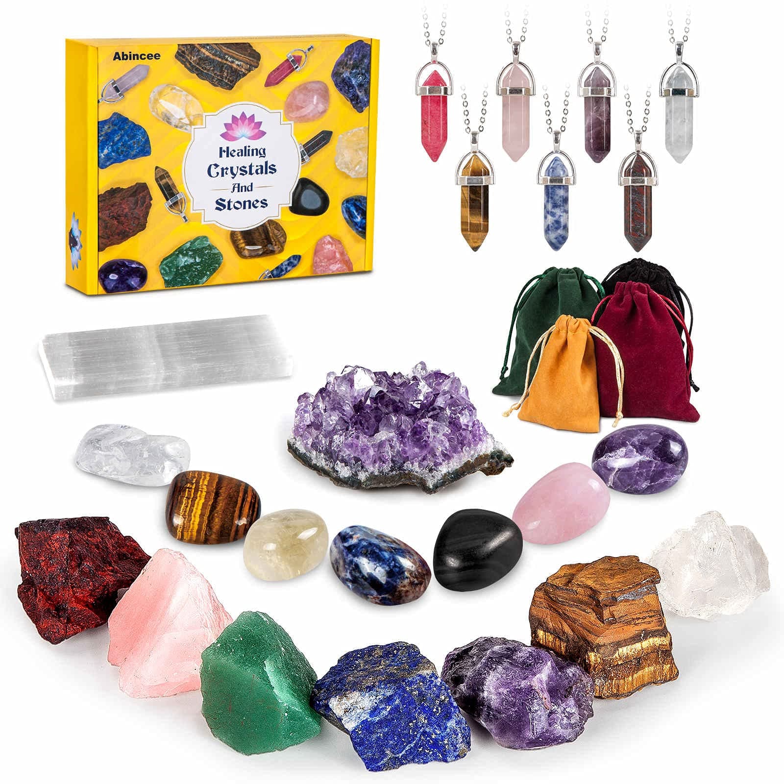 Abincee Crystals Set: 23PC Healing Crystals & Stones Kit - 7 Necklaces, 7 Raw Chakra Stones, 7 Tumblestones, Selenite Stick & Amethyst Crystal for Yoga & Witchcraft