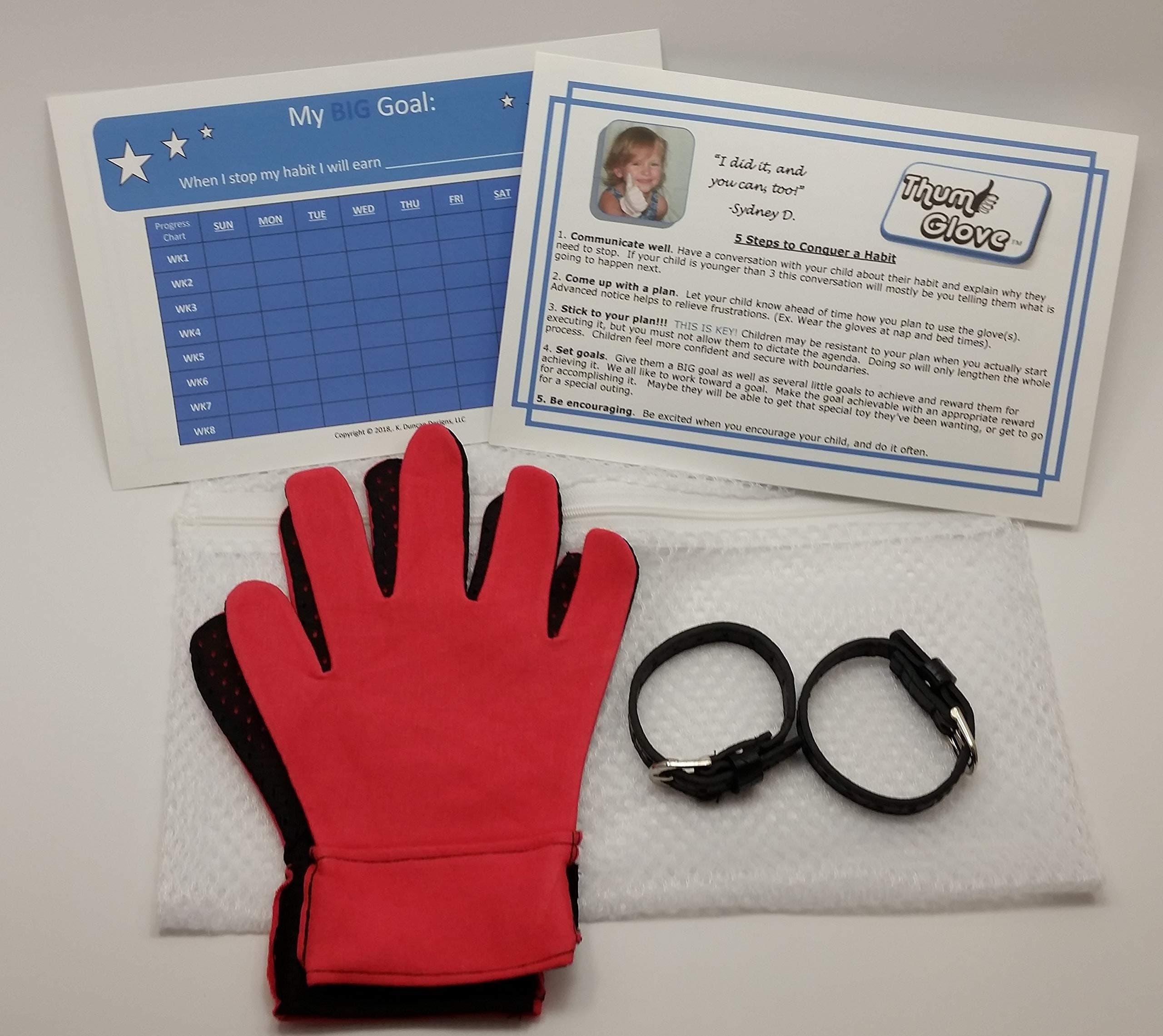 Stop Thumb Sucking with Thumb Glove - Full Glove Pair with Belts Plus - Free Reward Chart and Laundry Bag (Red, Large)