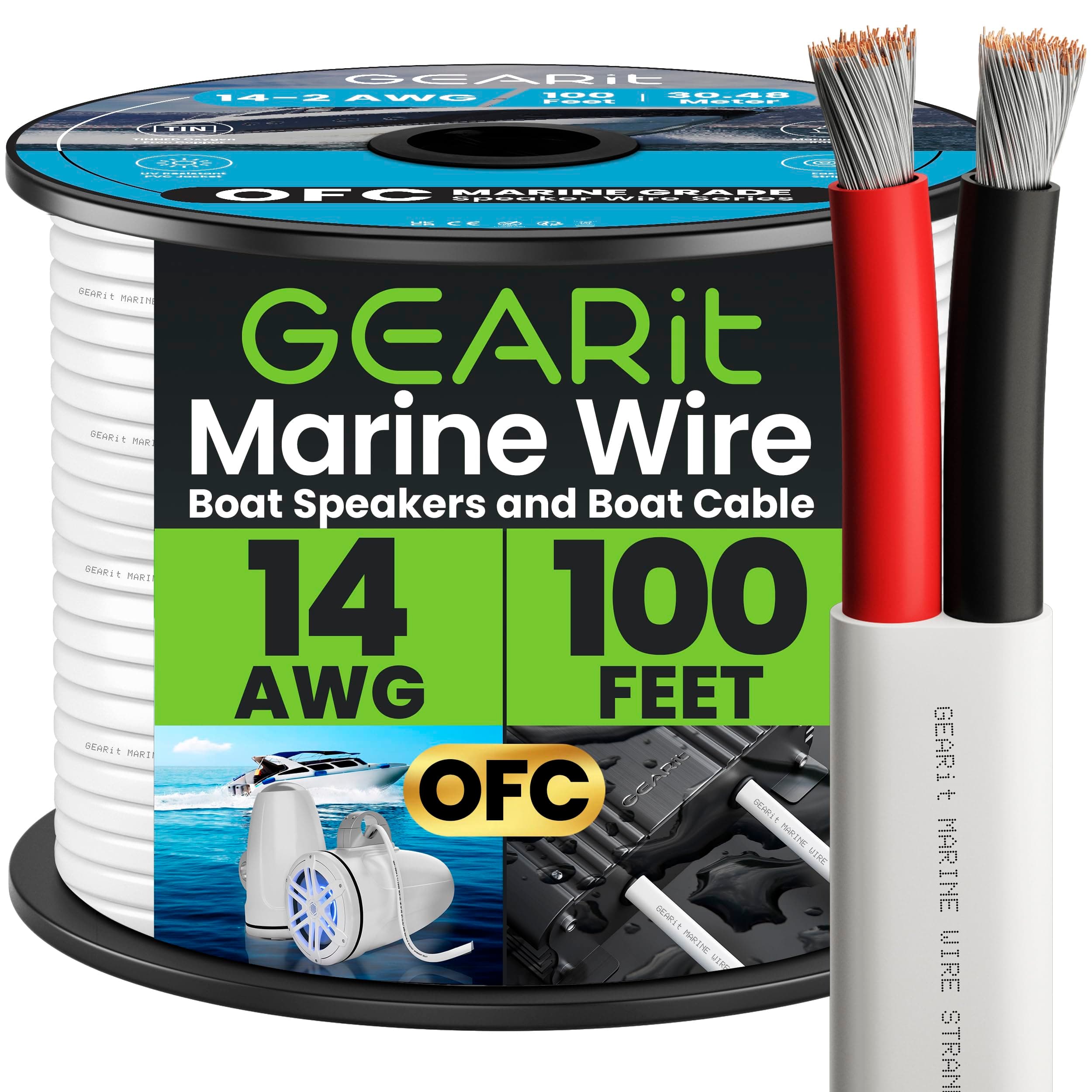 GEARit Marine Wire 14 Gauge 14/2 AWG (100 Feet), Duplex Marine Grade Tinned Copper, Red & Black 2-Conductor Electrical Cable, Oxygen-Free, Insulated for Boat, RV, Camper, Trailer, Automotive