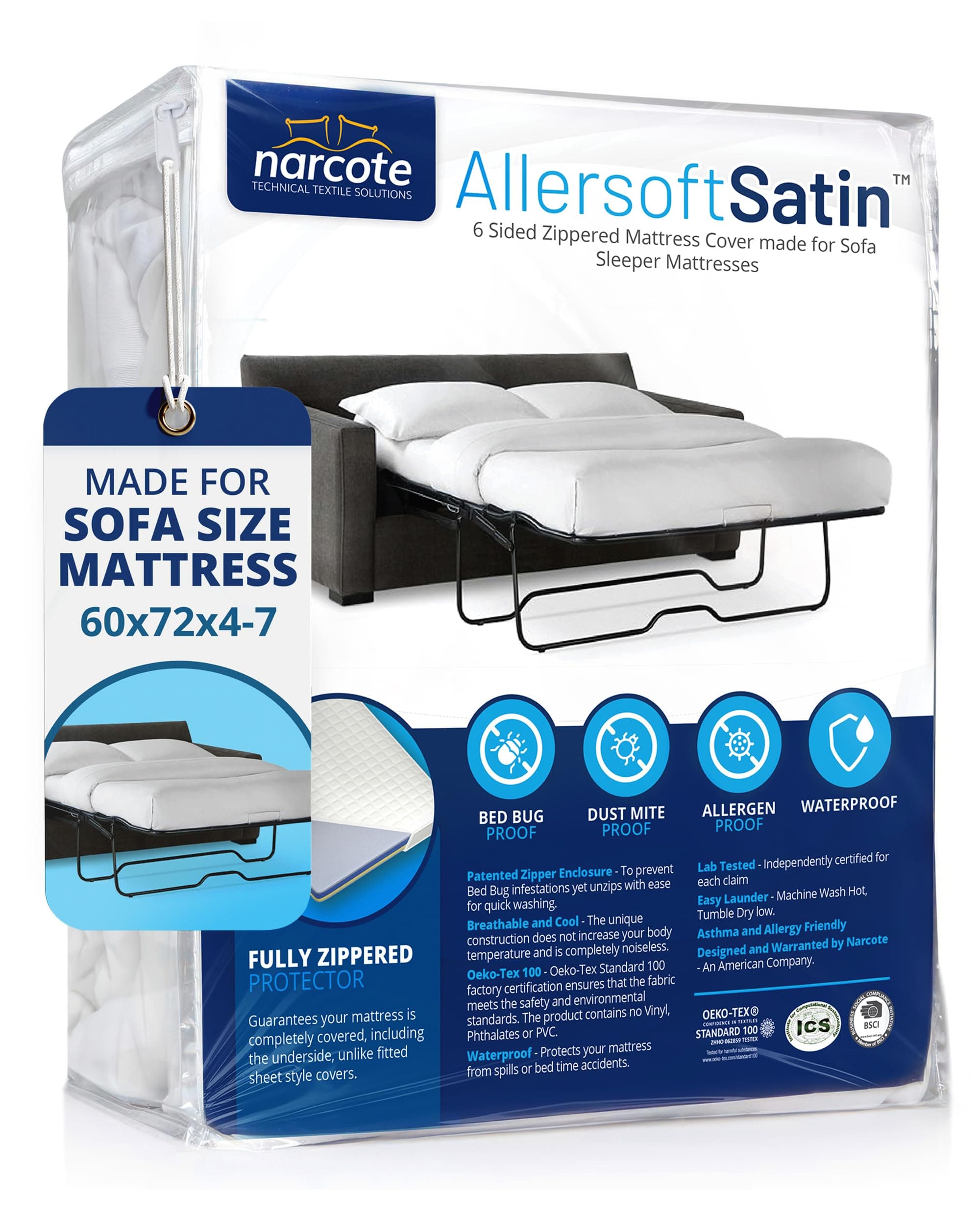 Allersoft| Queen Sleeper Sofa Mattress Cover with Secure Locking Zipper. Creates a Natural Seal On All Sides of Your Pull-Out Sofa Mattress from Liquids, Dust, Pet Dander, Pollen-60x72 (Fits 4-7 Deep)