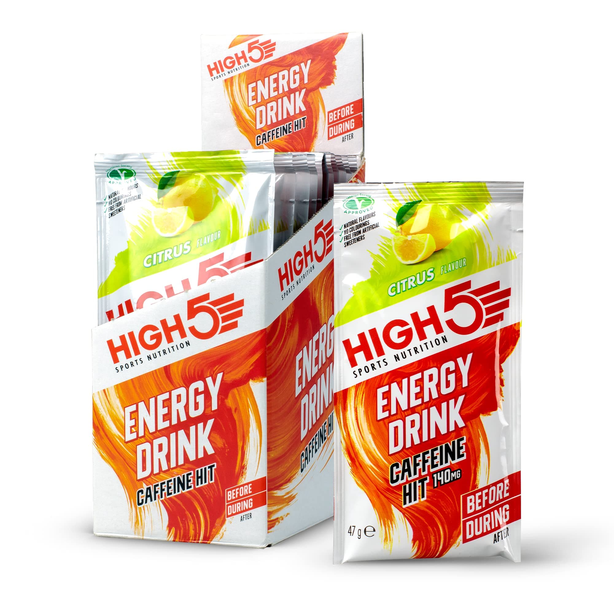 HIGH5 Energy Drink Caffeine Hit - Electrolytes Sport Energy Drink Powder - Isotonic Drink with 2:1 Fructose - Hydration for Running, Cycling, Endurance Fuel - Natural Flavours, Vegan (Citrus, 12x47g)