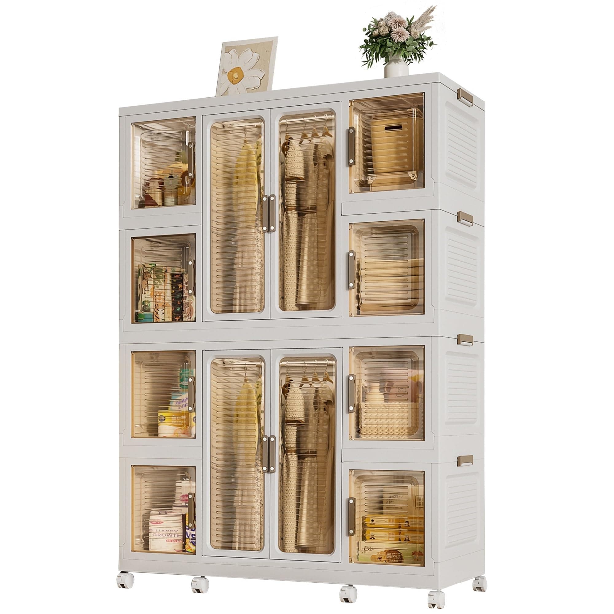 Portable Wardrobe Closet Storage Organizer for Clothes, Plastic Collapsible Closet Organizer with Magnetic Transparent Door, for Living Room Bedroom,Easy Assemble,8 Cubes & 2 Hanging Rod