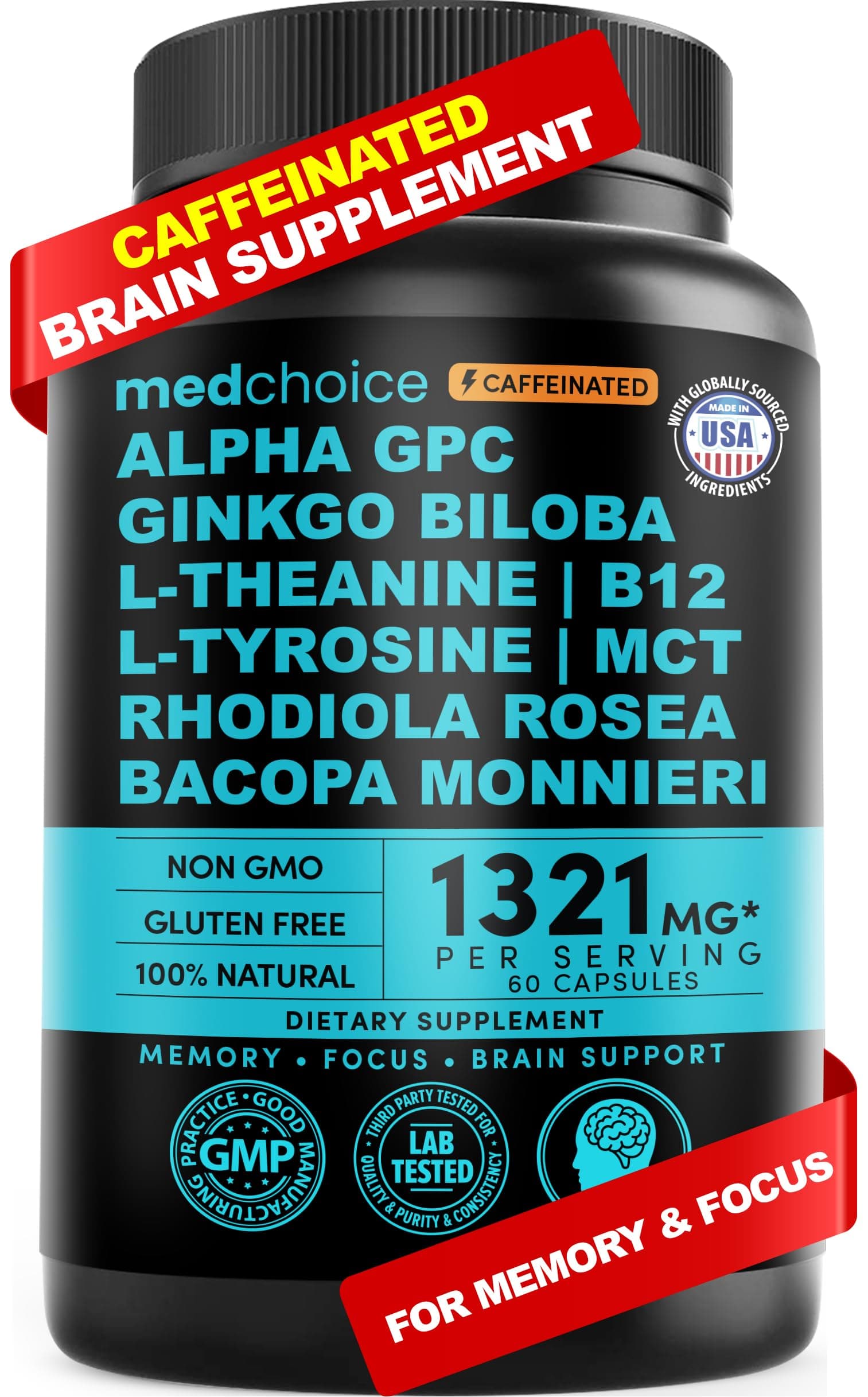 12-in-1 Nootropic Brain Supplement with Caffeine Anhydrous: Ginkgo Biloba for Brain Support, Memory and Focus - B12, Alpha GPC, L Theanine and Choline Supplements with Bioperine with 1321mg (60ct)