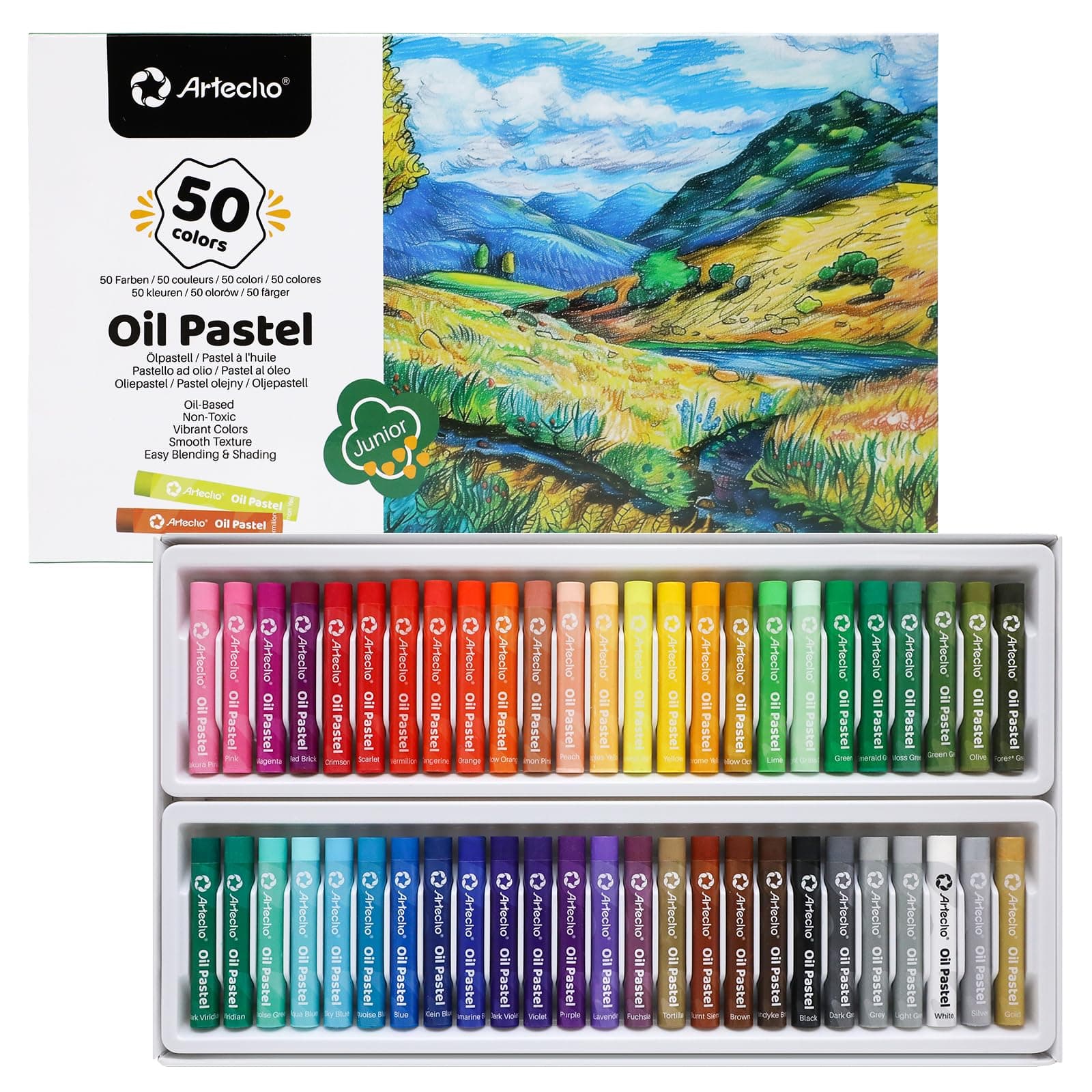 Artecho Oil Pastels Set of 50 Colors (8 x 60 mm), Soft Oil Pastels for Art Painting, Drawing, Blending, Oil Crayons Pastels Art Supplies for Artists, Beginners, Students, Teachers