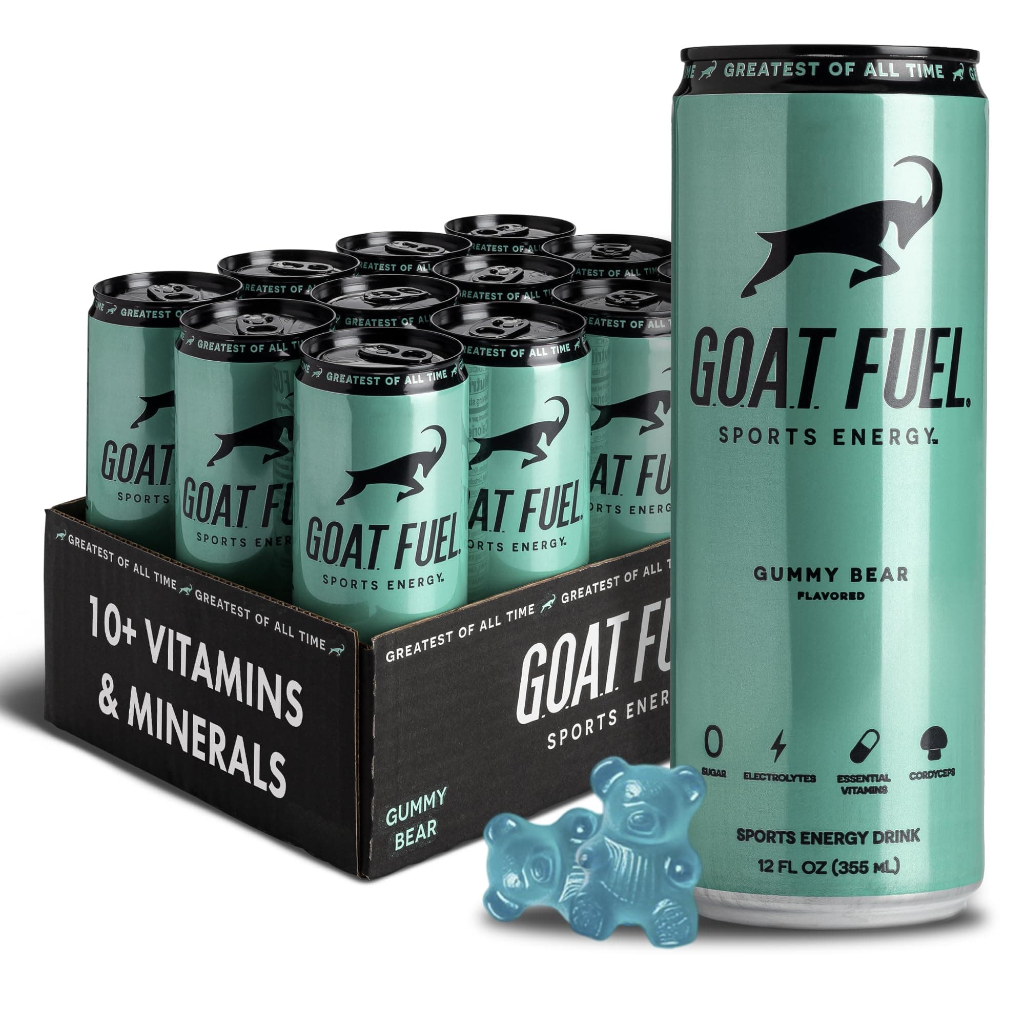 G.O.A.T. Fuel Energy Drink, Co-Founded by Jerry Rice, Natural Caffeine, Electrolytes, BCAAs, Cordyceps Mushrooms & Antioxidants, Light Carbonation Pre Workout, 12 Pack, 12 FL Oz, Gummy Bear