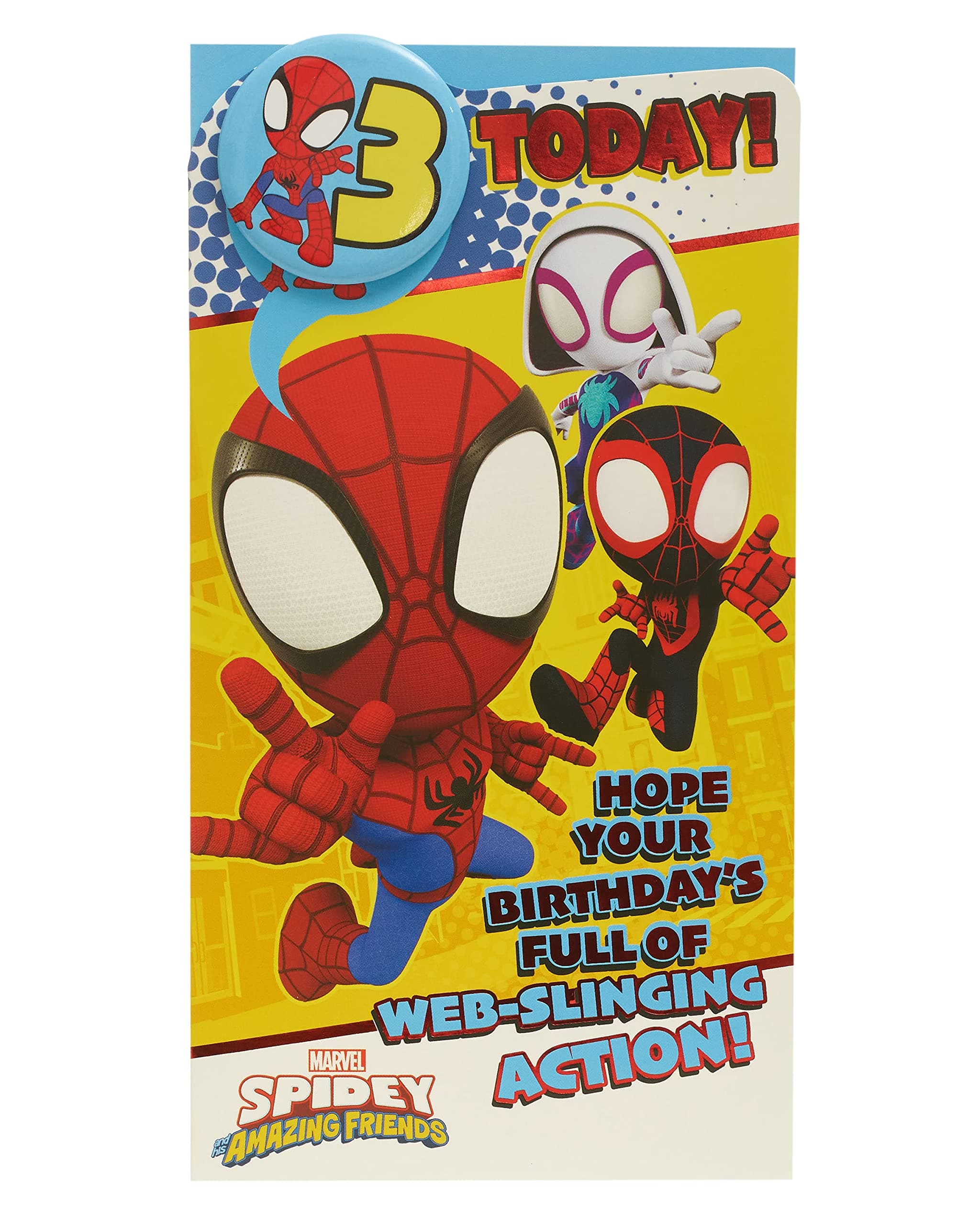 UK Greetings | Marvel 3rd Birthday Card For Him/Boy | Happy Birthday Gifts | Him, Boys, Men | Spiderman Design | With Badge & Envelope | 127 x 235 mm