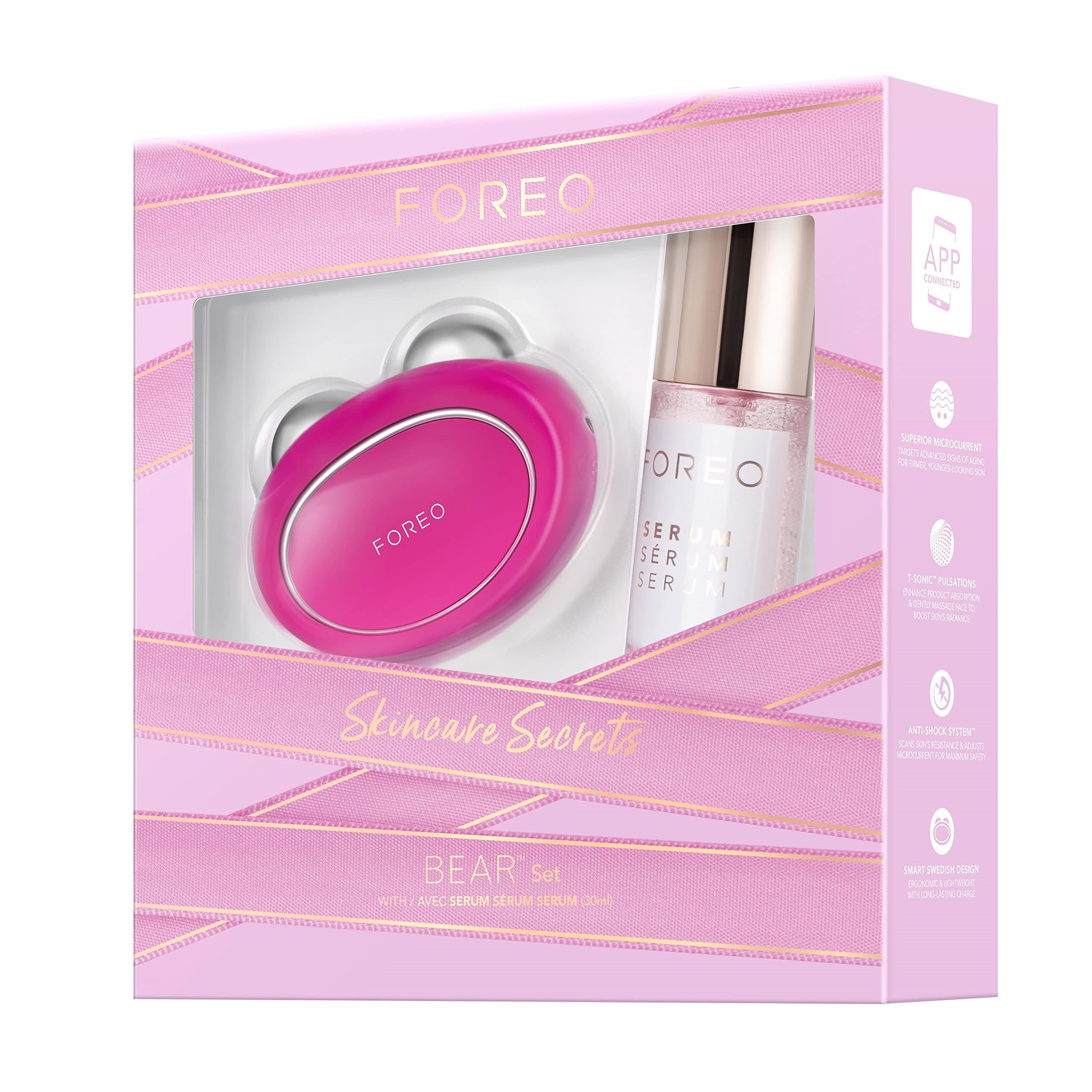 FOREO Skincare Secrets Gift Set: BEAR Smart Microcurrent Facial Toning Device for Instant Full-Face Firming + SERUM SERUM SERUM 1.0 oz Micro-Capsule Youth Preserve, Squalane, Sodium Hyaluronate & HA