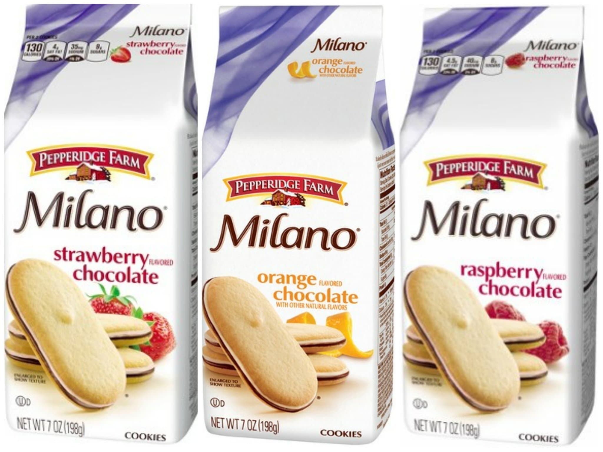 Pepperidge Farm "New" Milano Strawberry Flavored Chocolate, 7 Oz., Orange Flavored Chocolate, 7 oz., & Raspberry Flavored Chocolate 7 Oz. Cookies