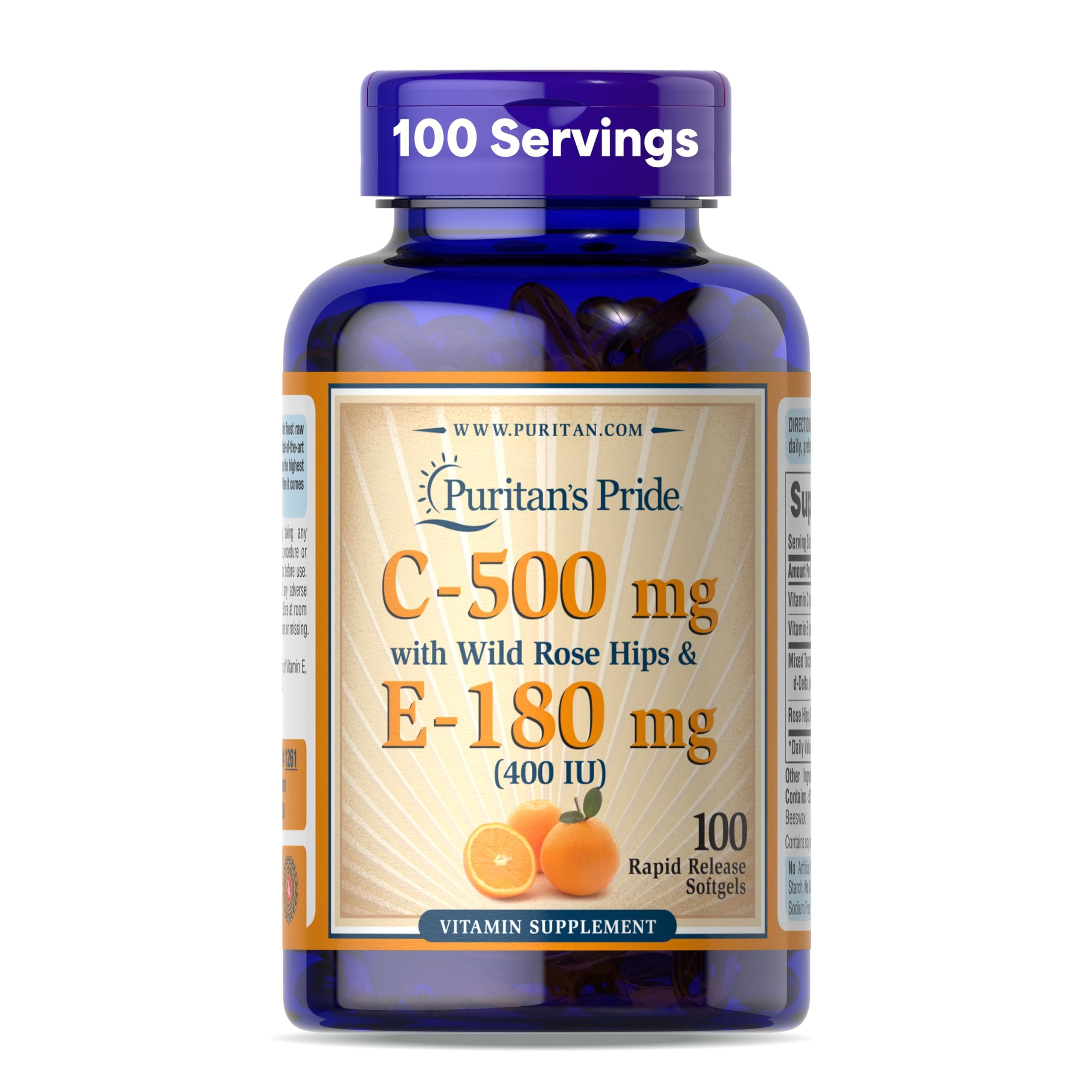 Premium Vitamin C-500mg with Rose HIPS and Vitamin E-400, Supplement for Antioxidant, Heart, Circulatory, and Immune System Support, 100 Rapid Release Softgels