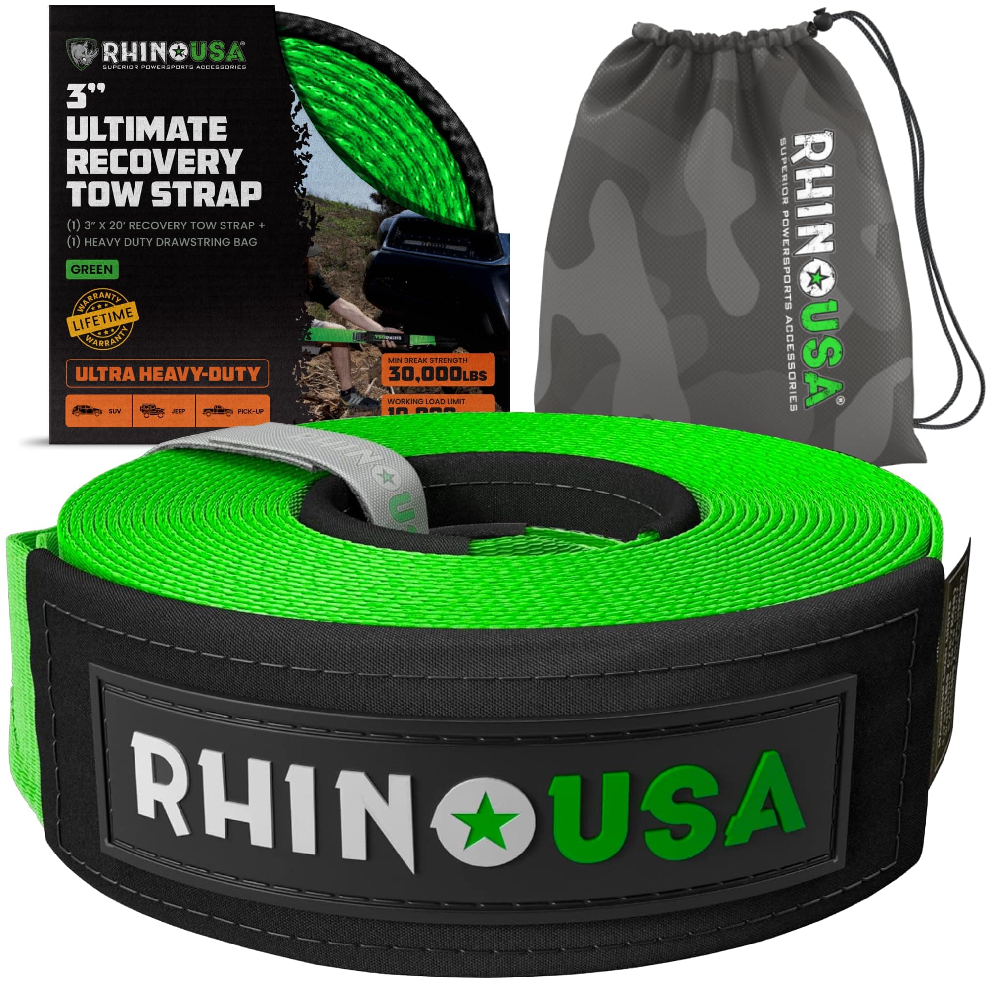 Rhino USA Recovery Tow Strap (3" x 20') Lab Tested 31,518lb Break Strength - Heavy Duty Offroad Straps with Triple Reinforced Loop Ends to Ensure Peace of Mind - Emergency 4x4 Off Road Towing Rope