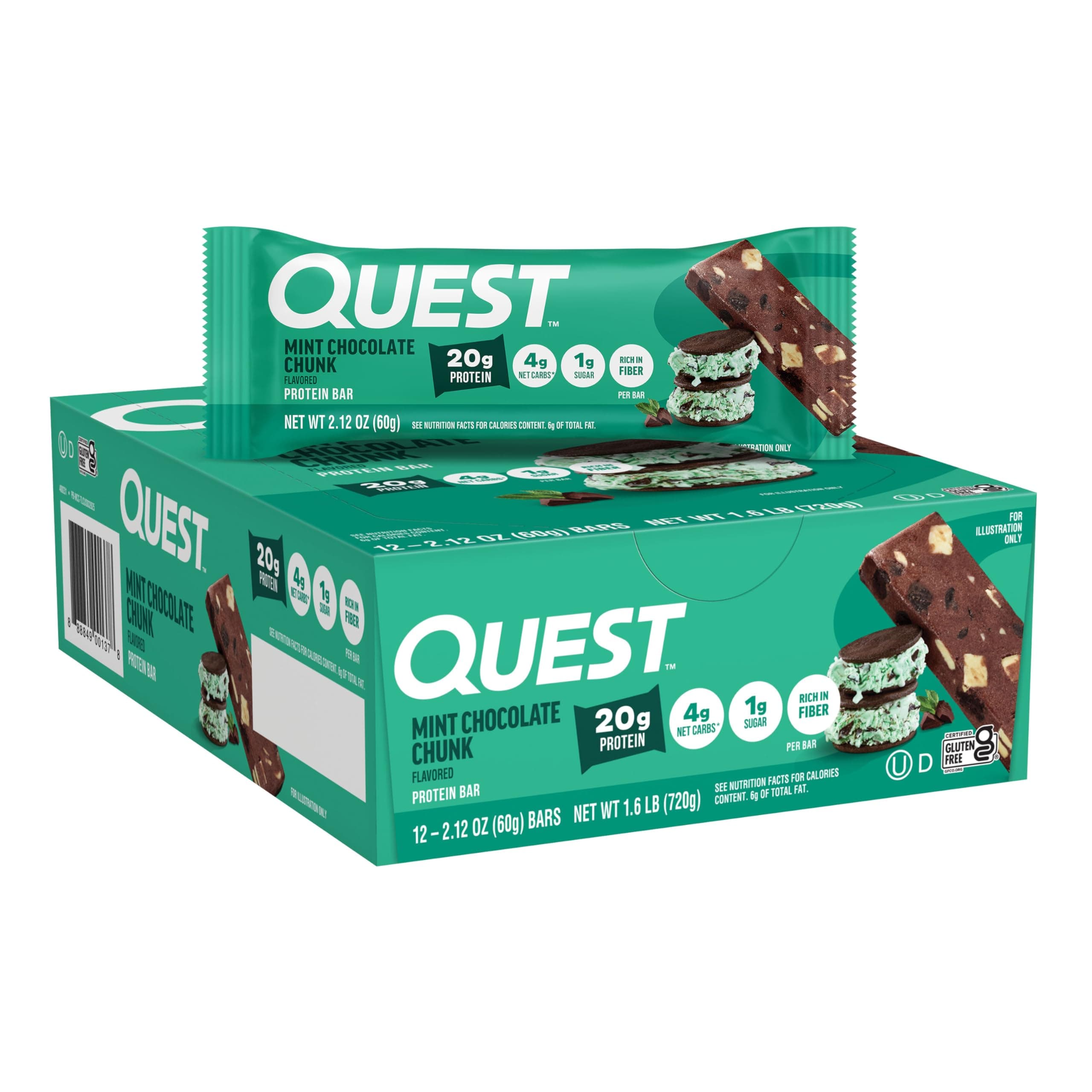 Quest Nutrition Mint Chocolate Chunk Protein Bars, High Protein, Low Carb, Gluten Free, Keto Friendly, 12 Count
