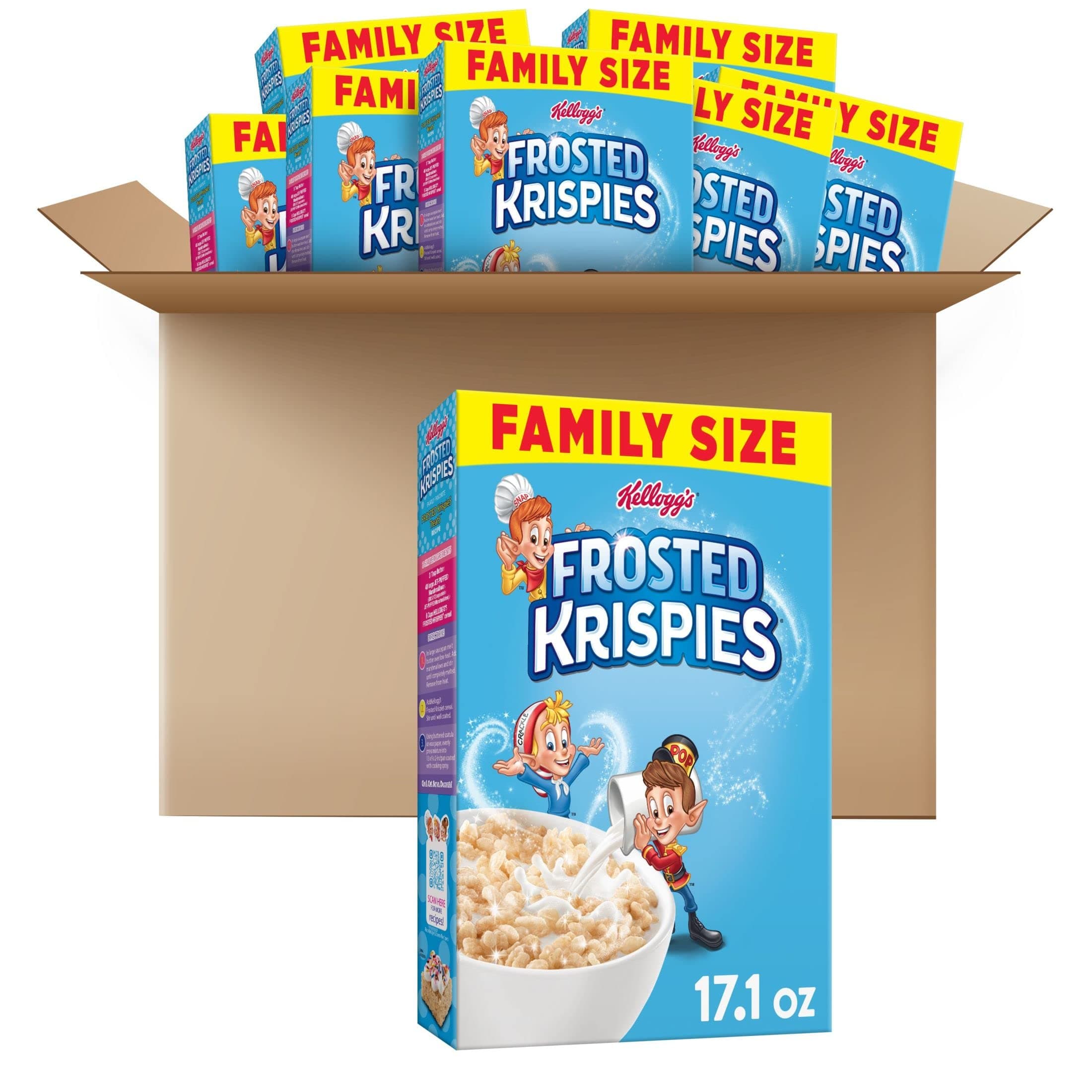 Kellogg's Frosted Krispies Cold Breakfast Cereal, Kids Snacks, Baking Marshmallow Treats, Family Size, Original (8 Boxes)