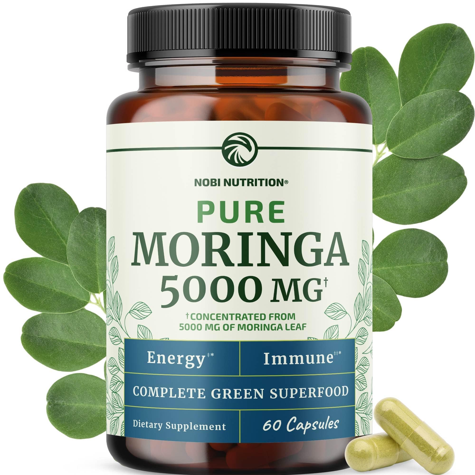 Moringa Capsules 5000mg | Potent Antioxidant Superfood | Non-GMO, Third-Party Tested Pure Moringa for Energy, Immunity & Gut Health Support | Gluten-Free Vitamins & Minerals Supplement | 60 Capsules