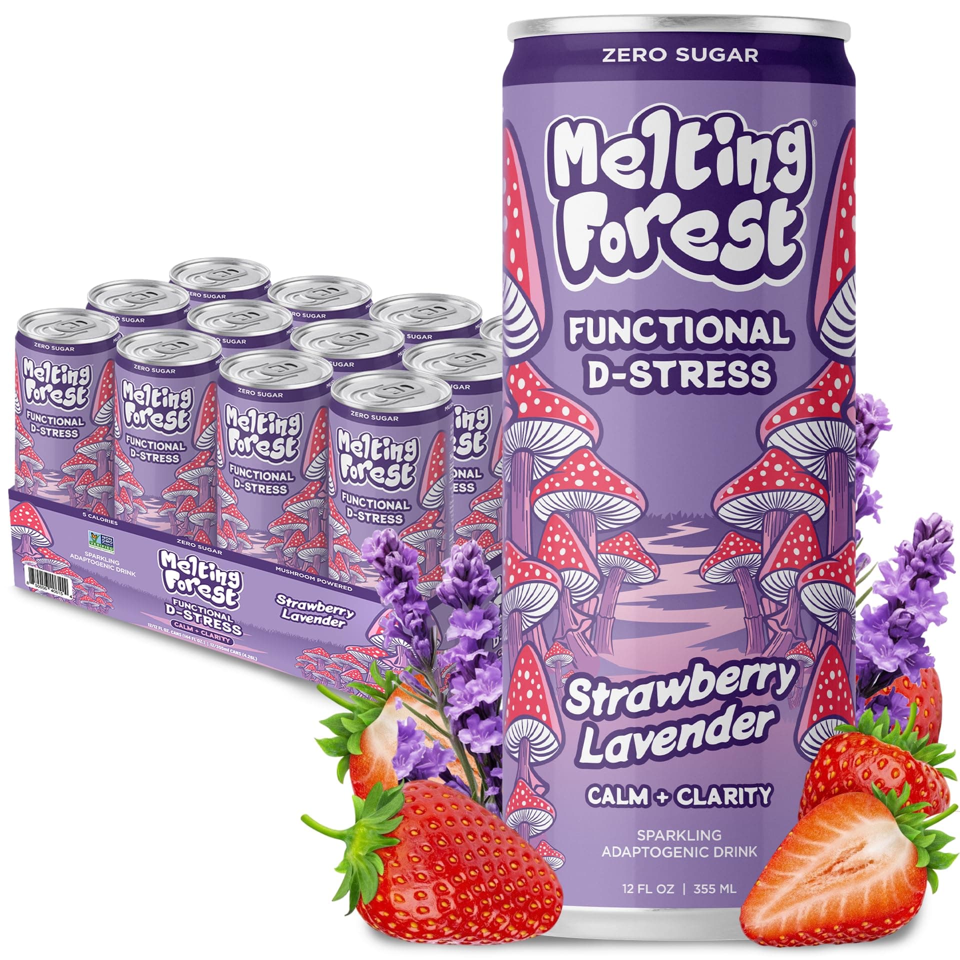 Melting Forest Mushroom D-Stress, Sparkling Adaptogen Drink with L-Theanine, Reishi, Lion's Mane and Magnesium, Zero Sugar, 5 Calories, Strawberry Lavender (12-Pack)