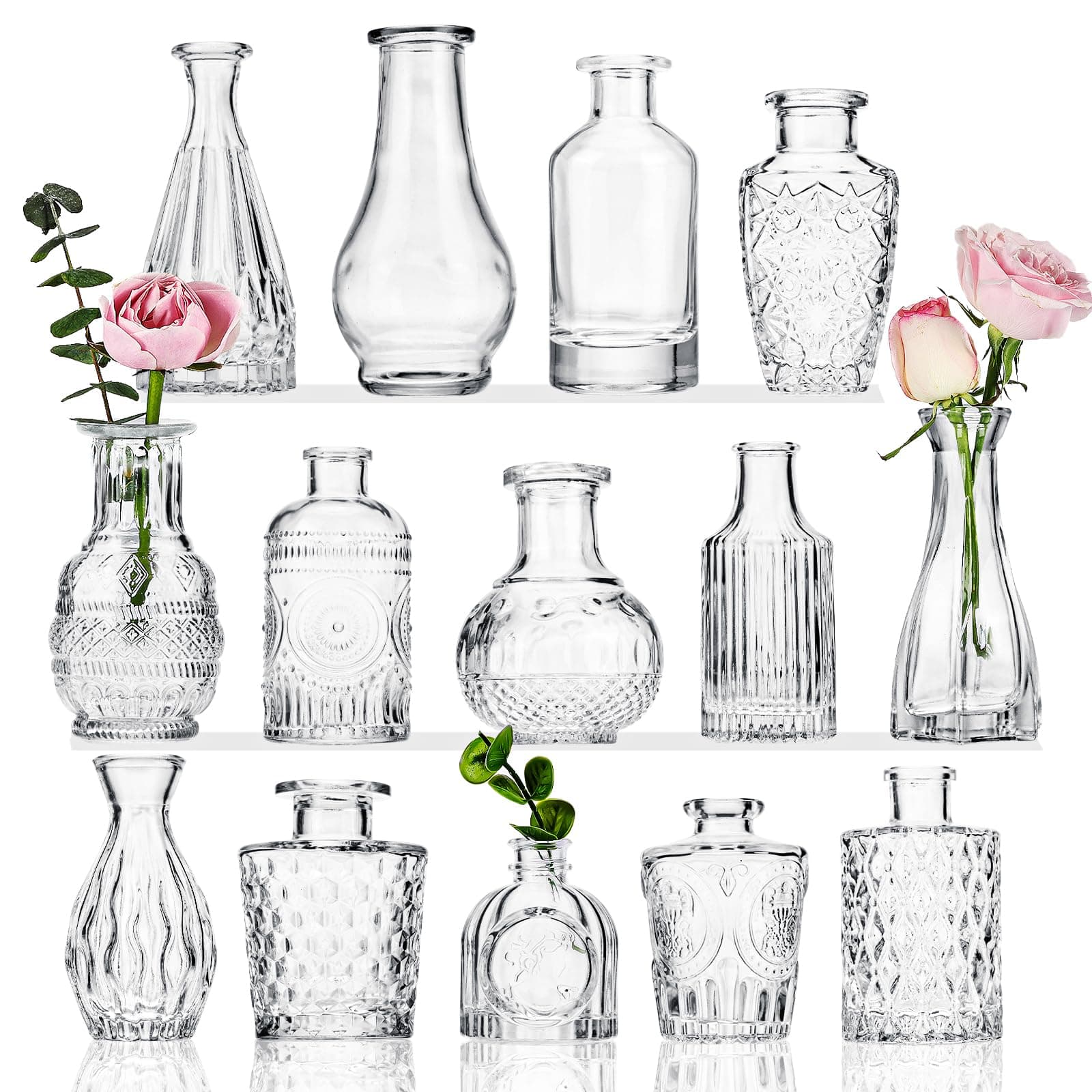 Glass Bud Small Vases for Centerpieces, Set of 14, Vase for Flowers in Bulk for Rustic Wedding Home Table Decorations