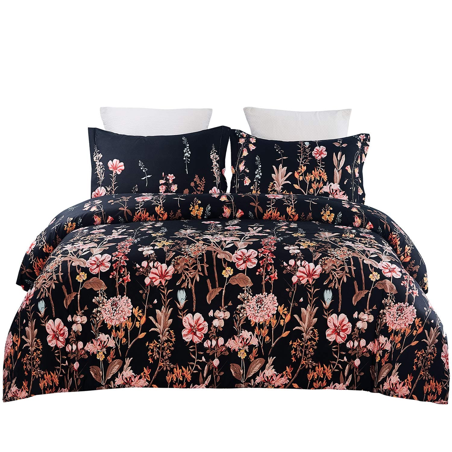 YEPINS Soft Microfiber Duvet Cover Set with Zipper Closure, Print Floral Pattern Design, Black and Pink Colour- King Size(230X220cm)