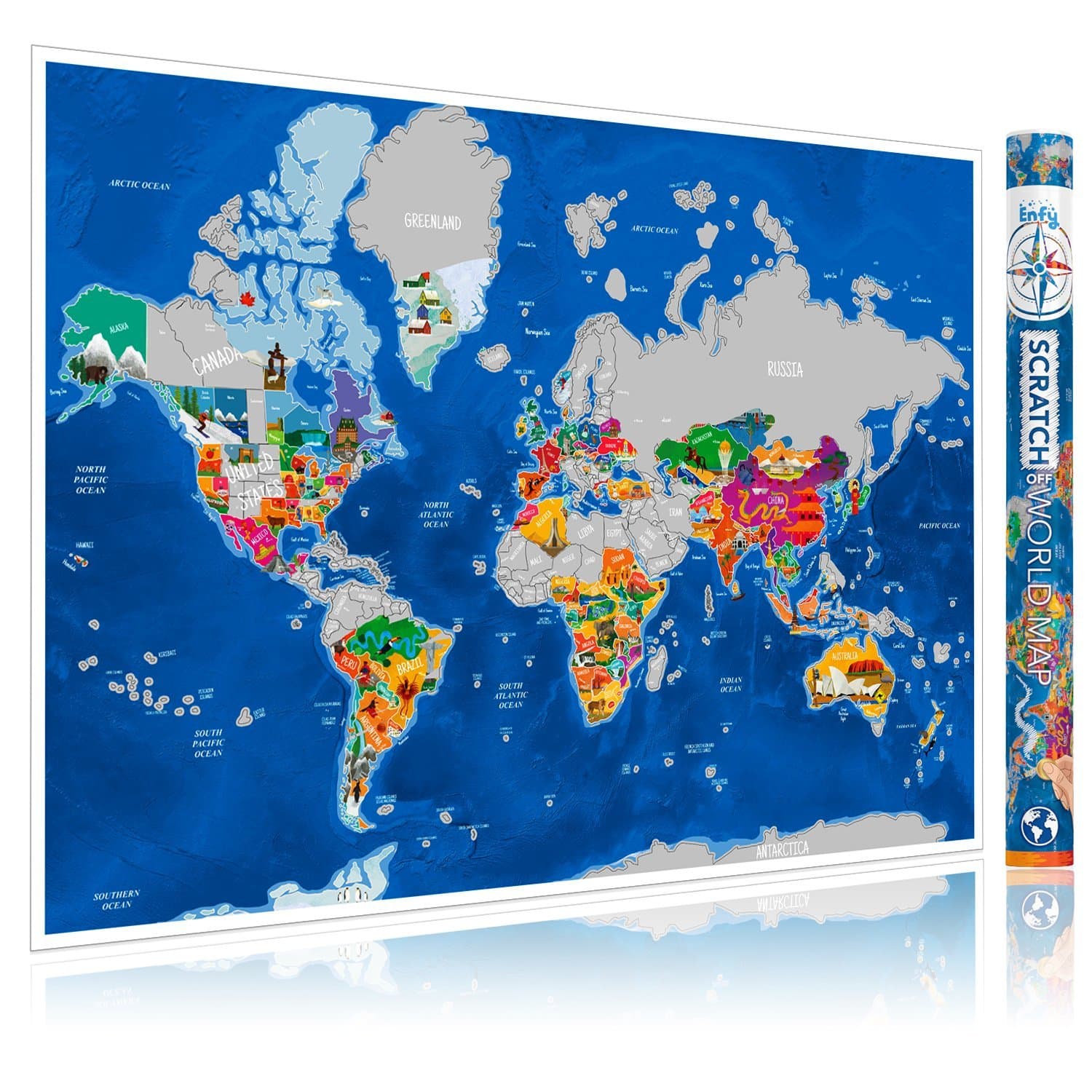 ENFY Scratch Off Map of the World - Large Wall Poster with Handmade Artistic Illustrations - With All Europe Countries and USA States - Bonus Scratcher & 3M Stickers Included Home