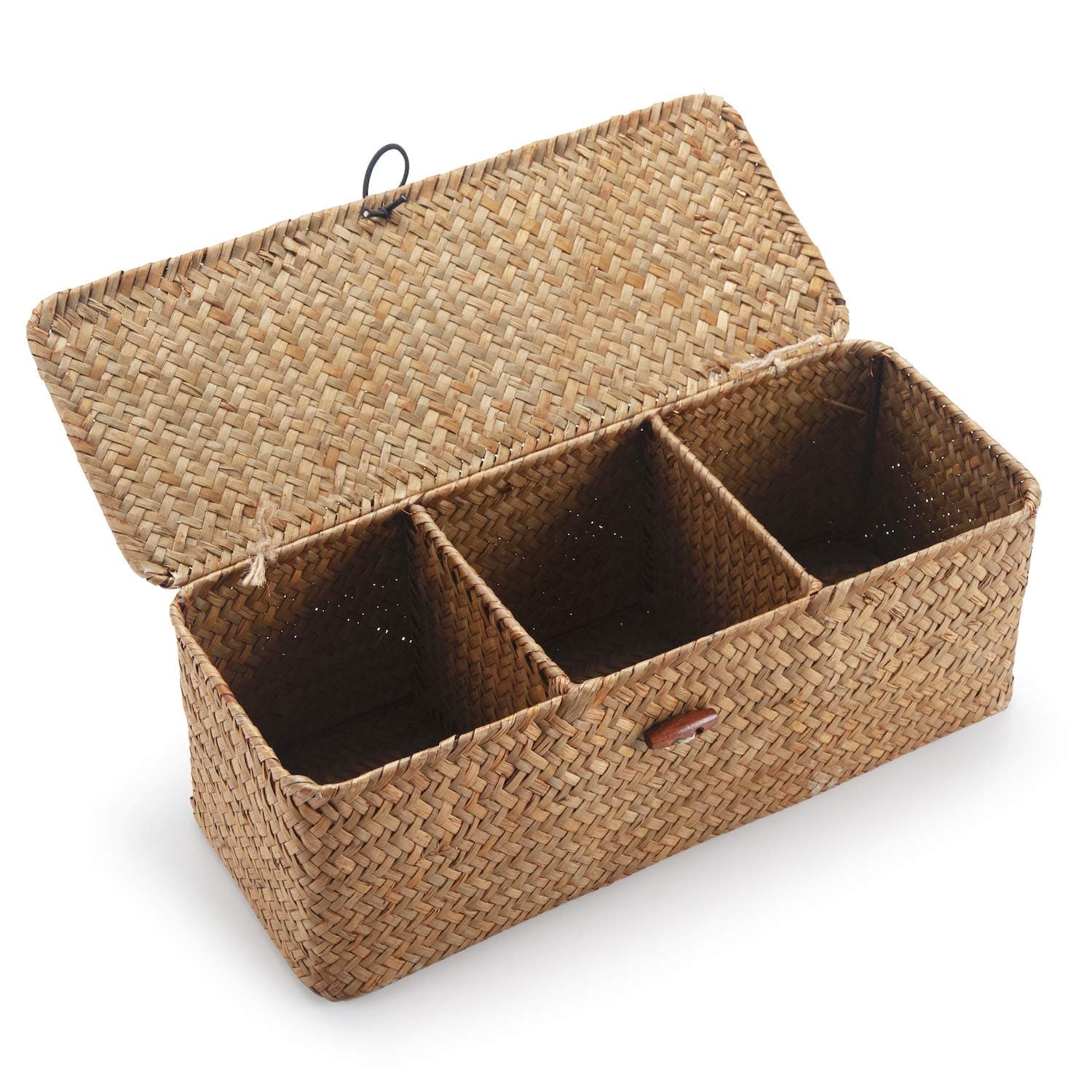DECRAFTS Seagrass Storage Basket with Lid Rectangular Small Woven Shelf Baskets with Sections for Organize Snack Toys Tampon