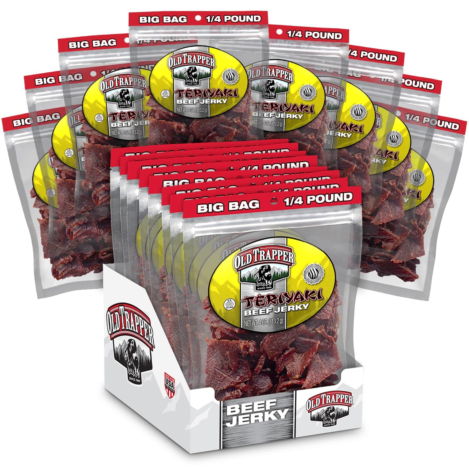 Old Trapper Beef Jerky, Teriyaki 1/4-Pound Individual Package, Savory and Sweet Meat Snack for Lunches or Between Meals, 11 Grams of Protein, Zero Grams of Fat, 70 Calories per Serving (Pack of 8)