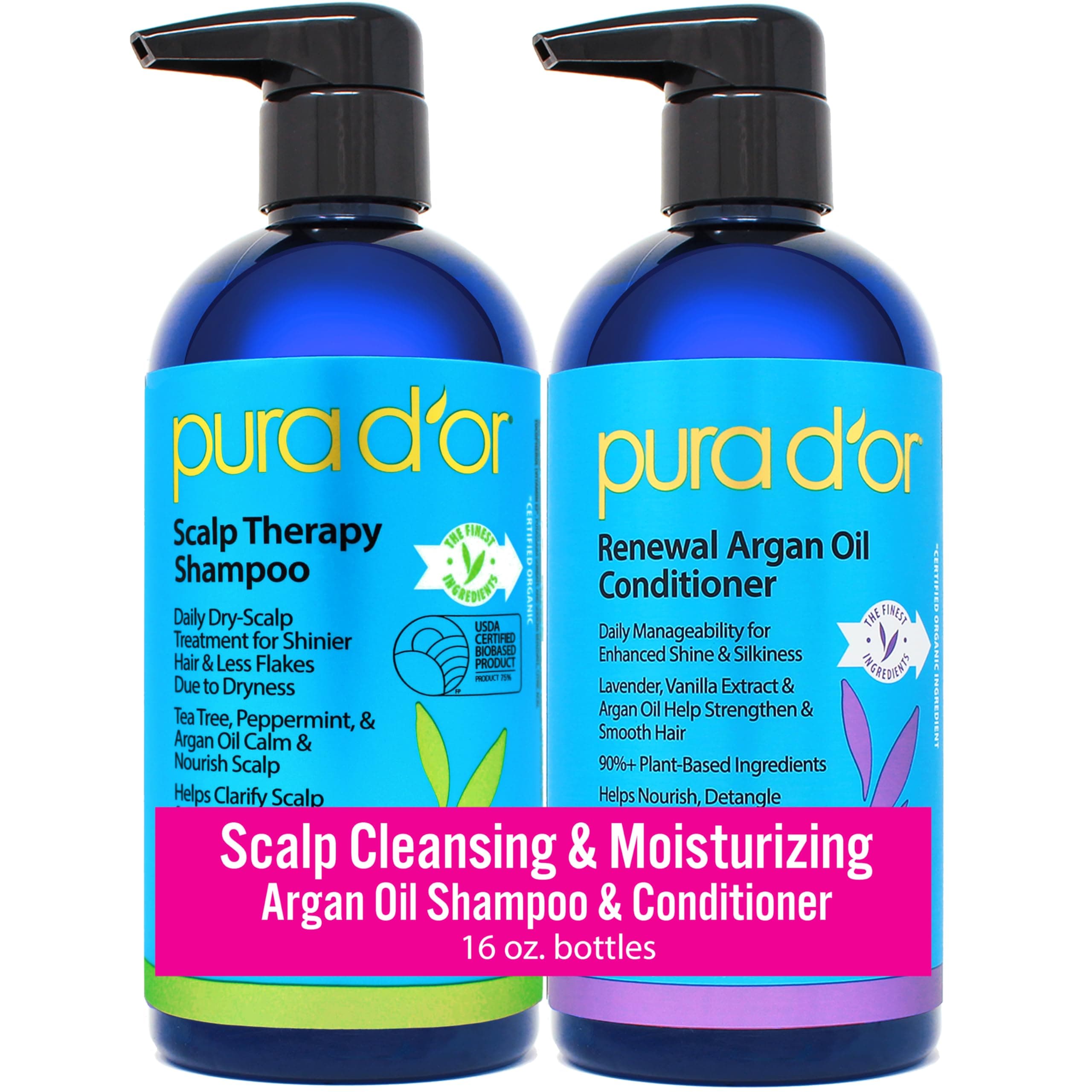 PURA D'OR Scalp Therapy Shampoo & Conditioner Set (16oz x 2) Dry, Itchy Scalp-Hydrates & Nourishes Hair w/Tea Tree, Peppermint, Argan Oil & Biotin, All Hair Type, 3 in 1, Men Women (Packaging Varies)