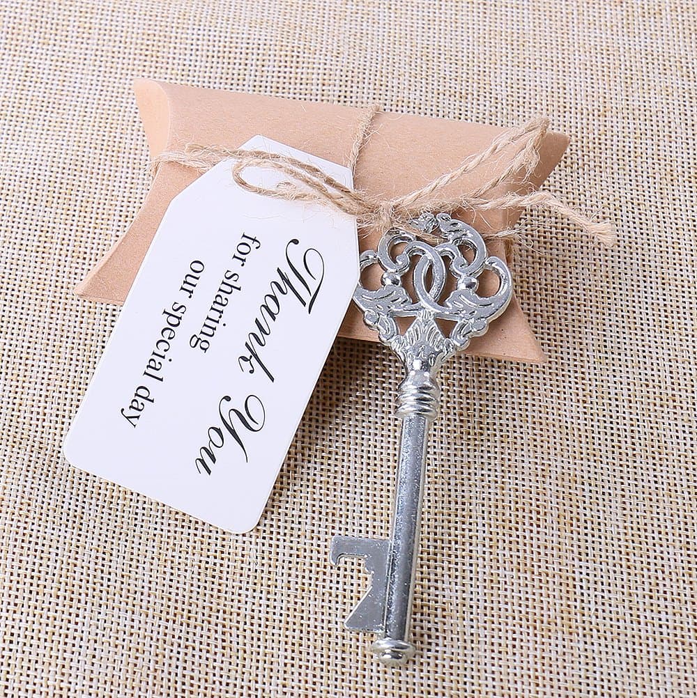50pcs Wedding Favors Key Shaped Bottle Openers w/ Candy Box Antique Skeleton Key Escort Card Thank You Tag Pillow Box (Style #3)