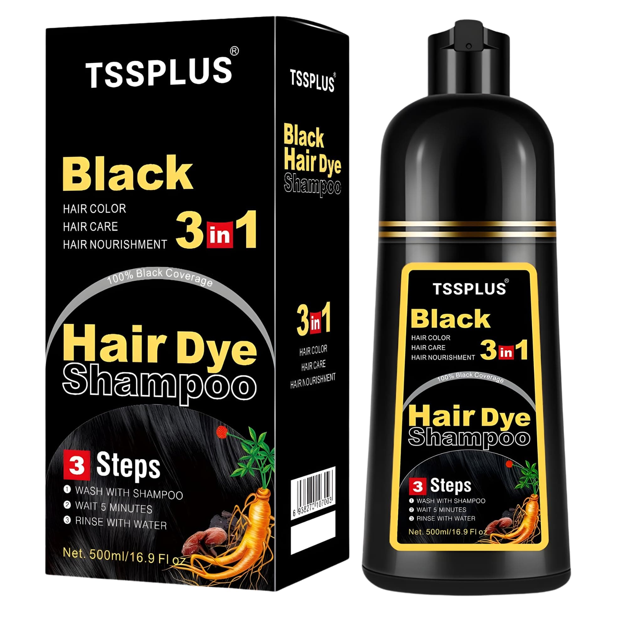 Black Hair Dye Shampoo, 500ml - Organic Natural Hair Color Dye Shampoo for Women & Men, Instant Gray White Hair Cover, Plant Essence, Semi-Permanent