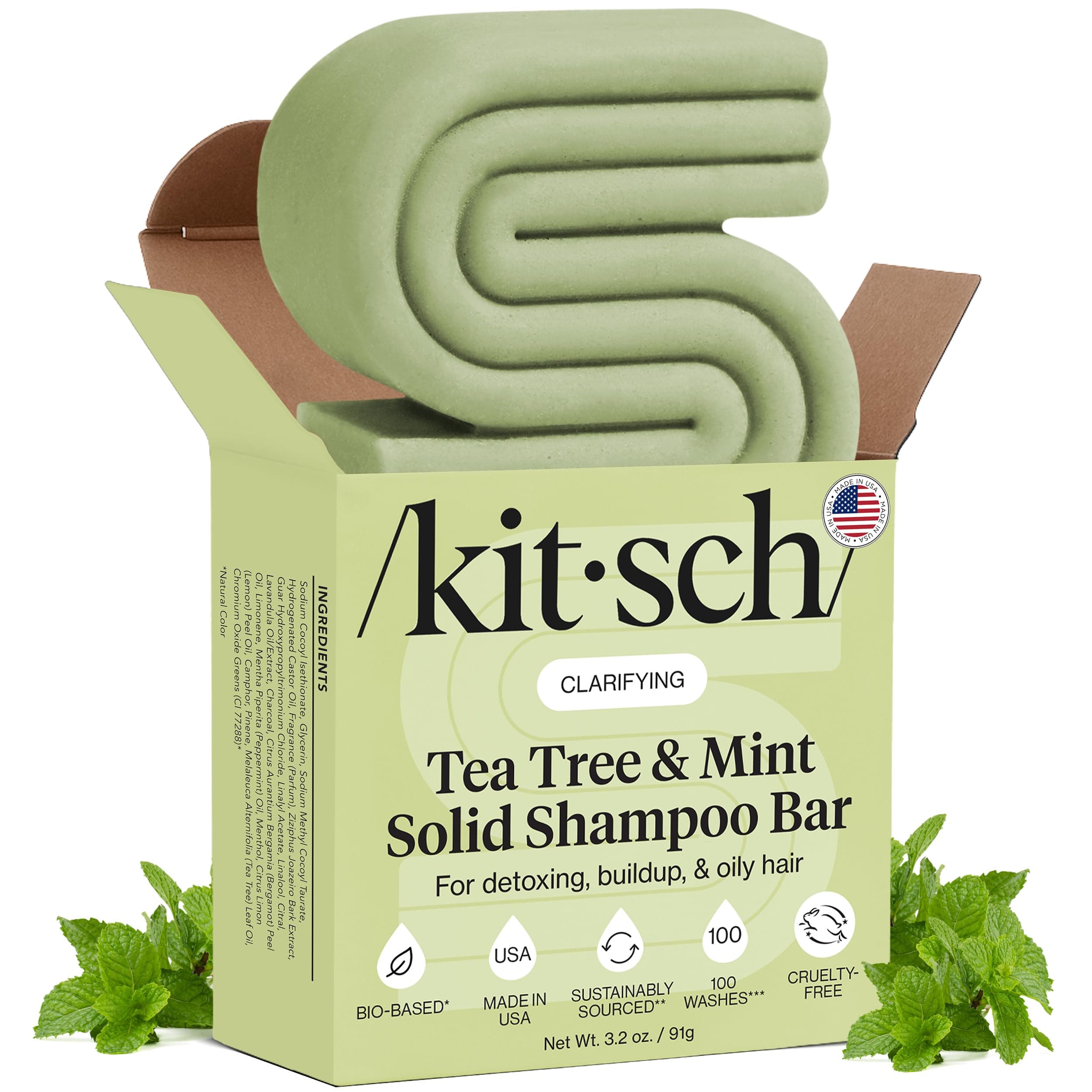 Clarifying Tea Tree & Mint Shampoo Bar - Tea Tree Shampoo for Build-Up Removal - Hair Shampoo Bar for Scalp & Oil Control - Vegan Hair Care - 3.2 oz