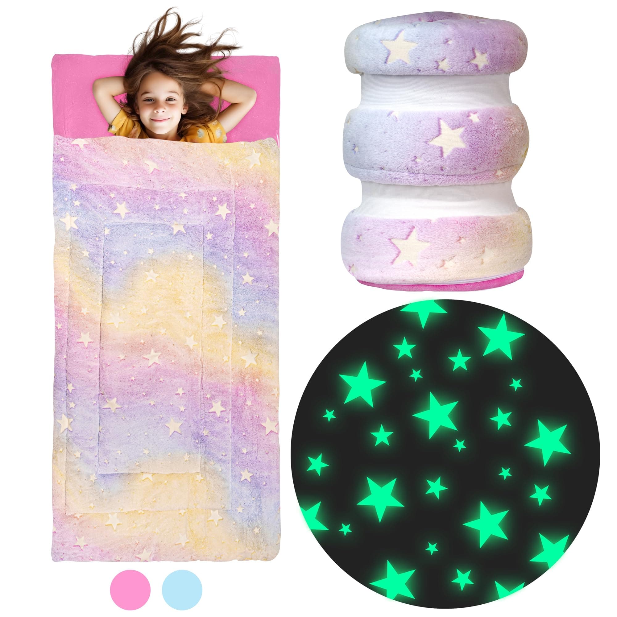 Rainbow & Glowing Stars Sleeping Bag for Kids - Ages 3+ Soft Toddler Girl Sleeping Bag - Kids Blanket (66'' x 33")