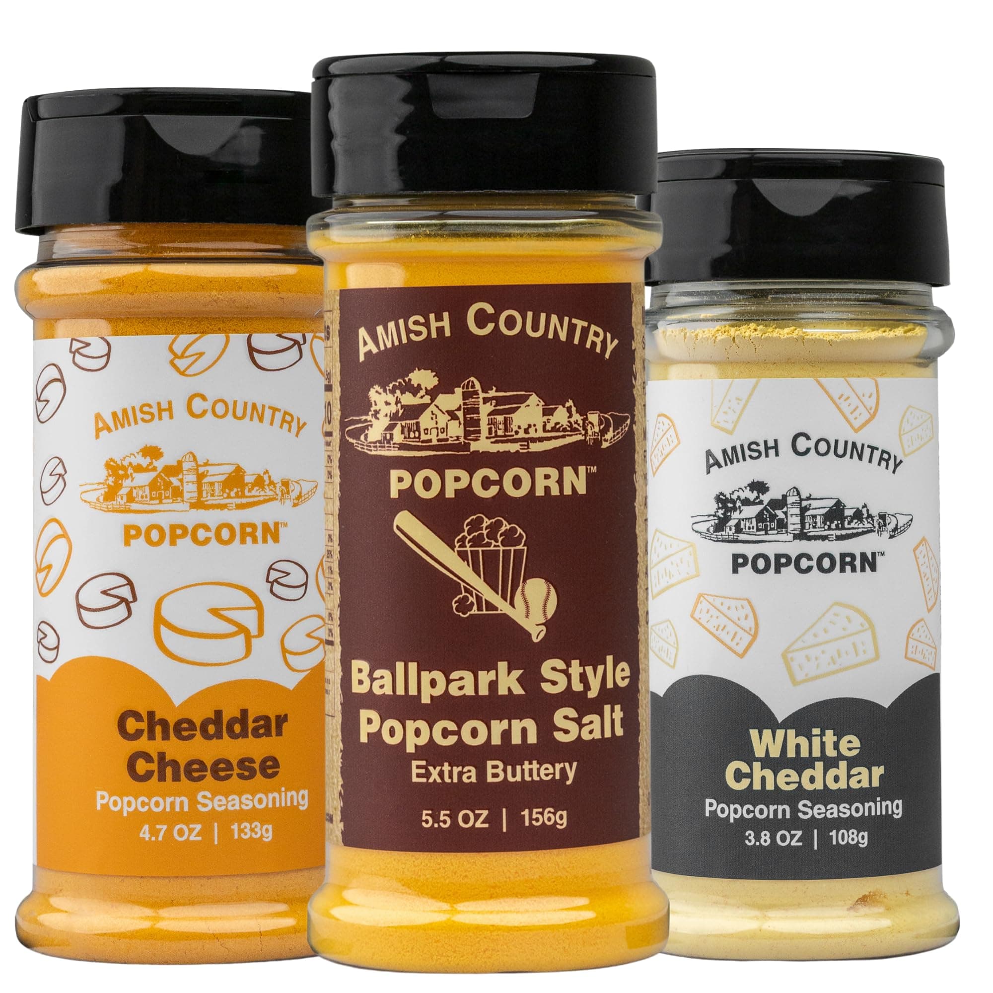 Amish Country Popcorn | BallPark Style Buttersalt - 5.5 oz, Cheddar Cheese - 4.7 oz & White Cheddar Cheese - 3.8 oz Popcorn Seasoning | Old Fashioned, Non-GMO