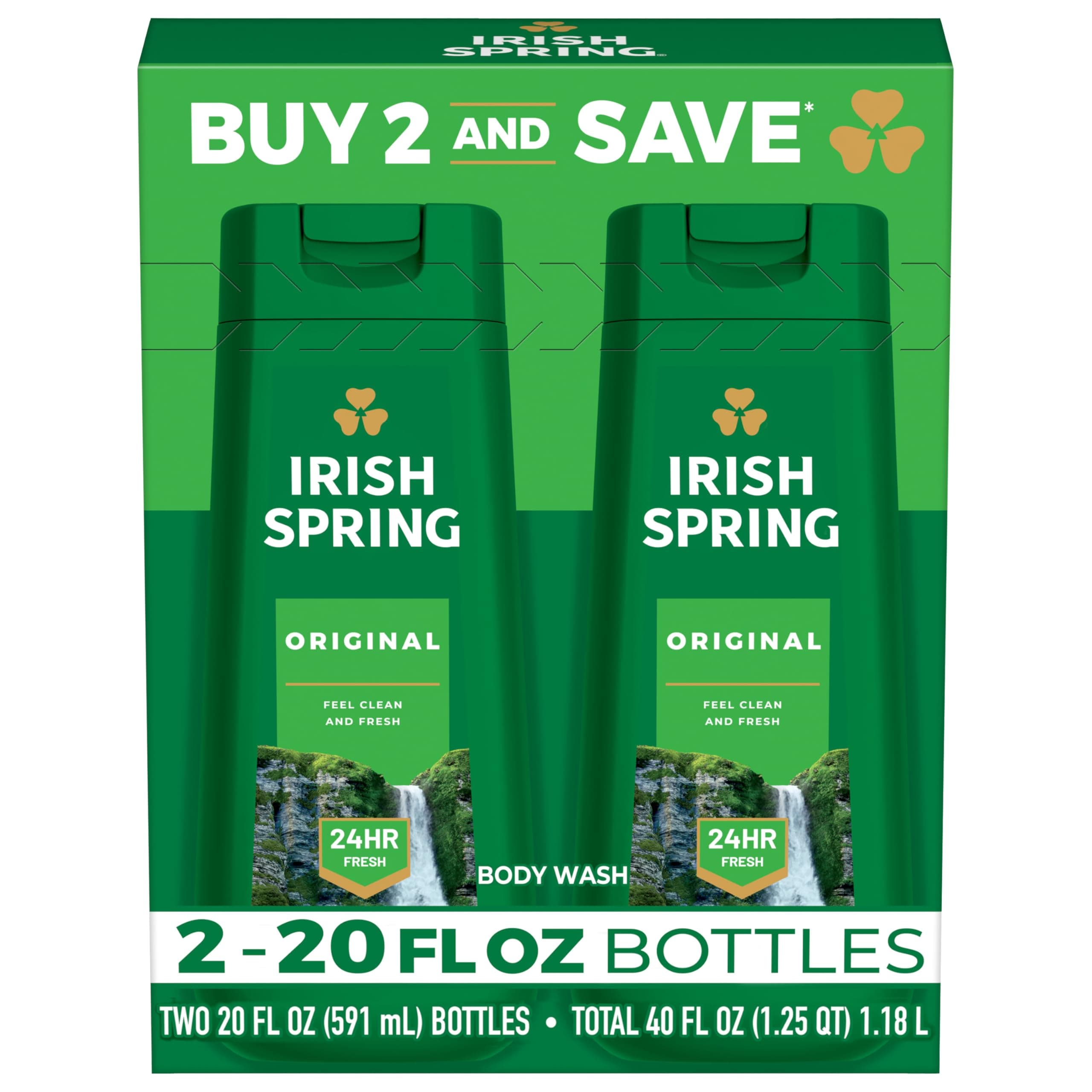 Irish Spring Original Moisturizing Body Wash for Men, 24-Hour Fresh, Face and Body Wash, Men’s Body Wash, Biodegradable Ingredients, Paraben Free, Cool Fresh Scent, 20 fl oz Bottle (2 Pack)