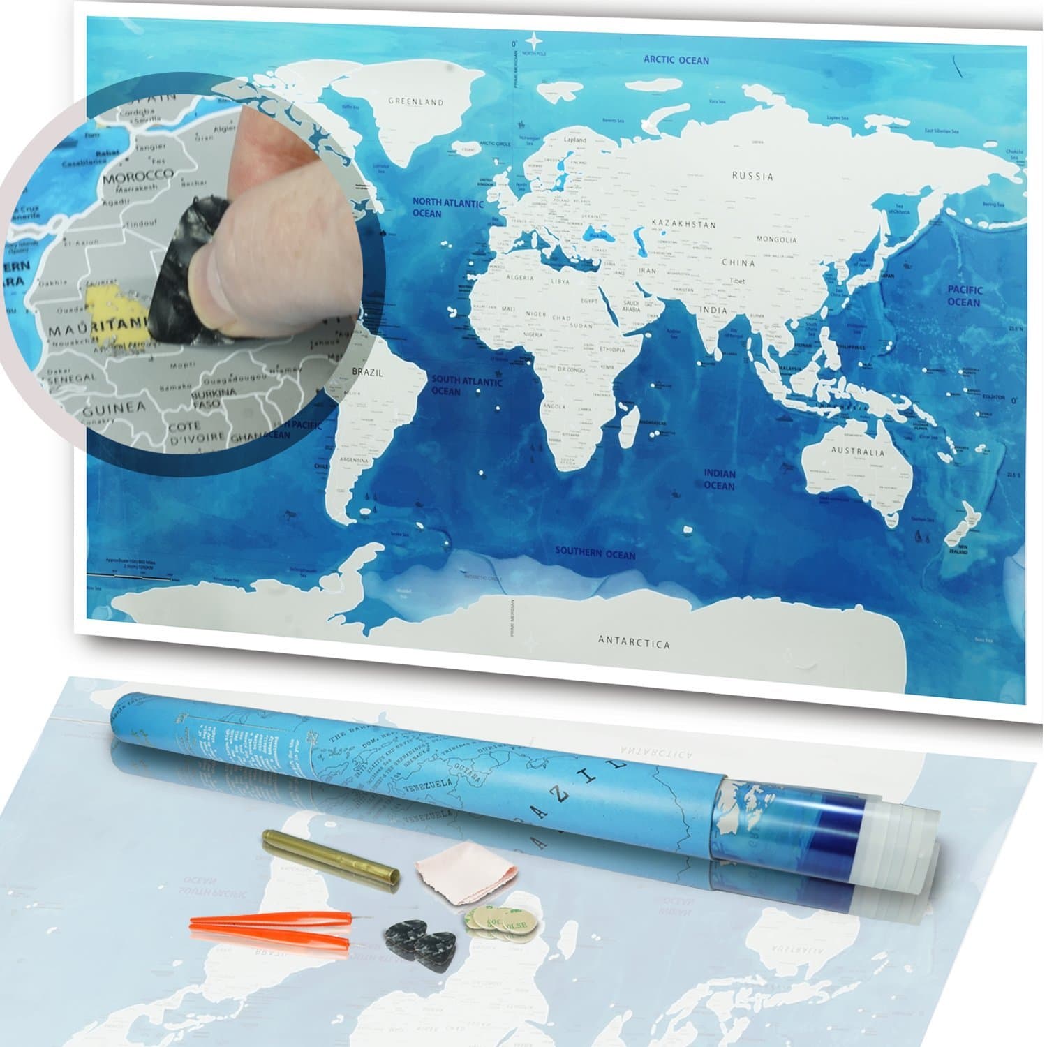 JACS Scratch Off Map of The World Poster with Detailed United States - Includes Travel Tube and Scratchable Accessories - 32 x 23in