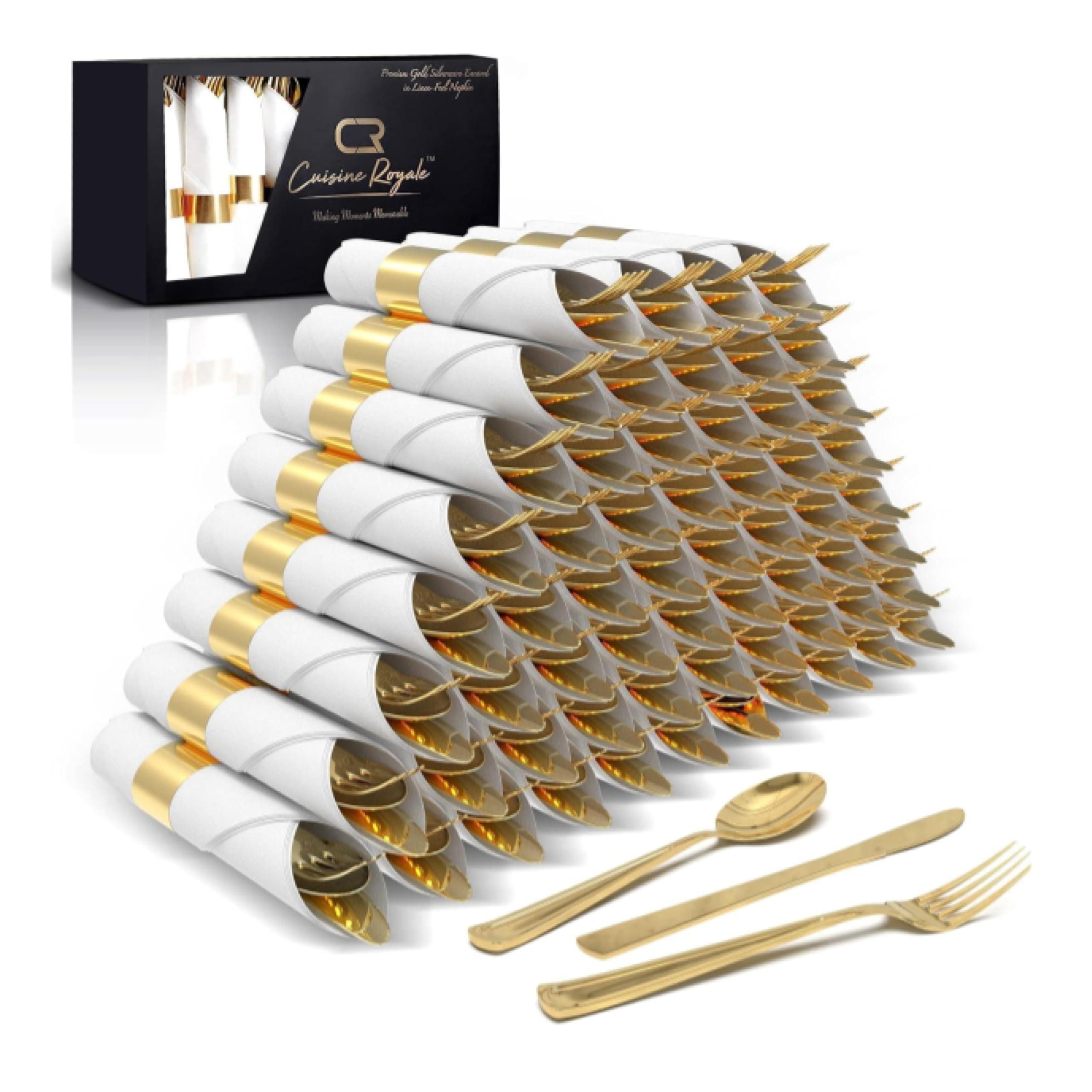 Prestee 200 Piece Gold Plastic Silverware Set for 50 Guests - Premium Pre Rolled Cutlery Set with Napkins - Elegant Disposable Silverware with Forks, Knives, and Spoons for Weddings and Thanksgiving