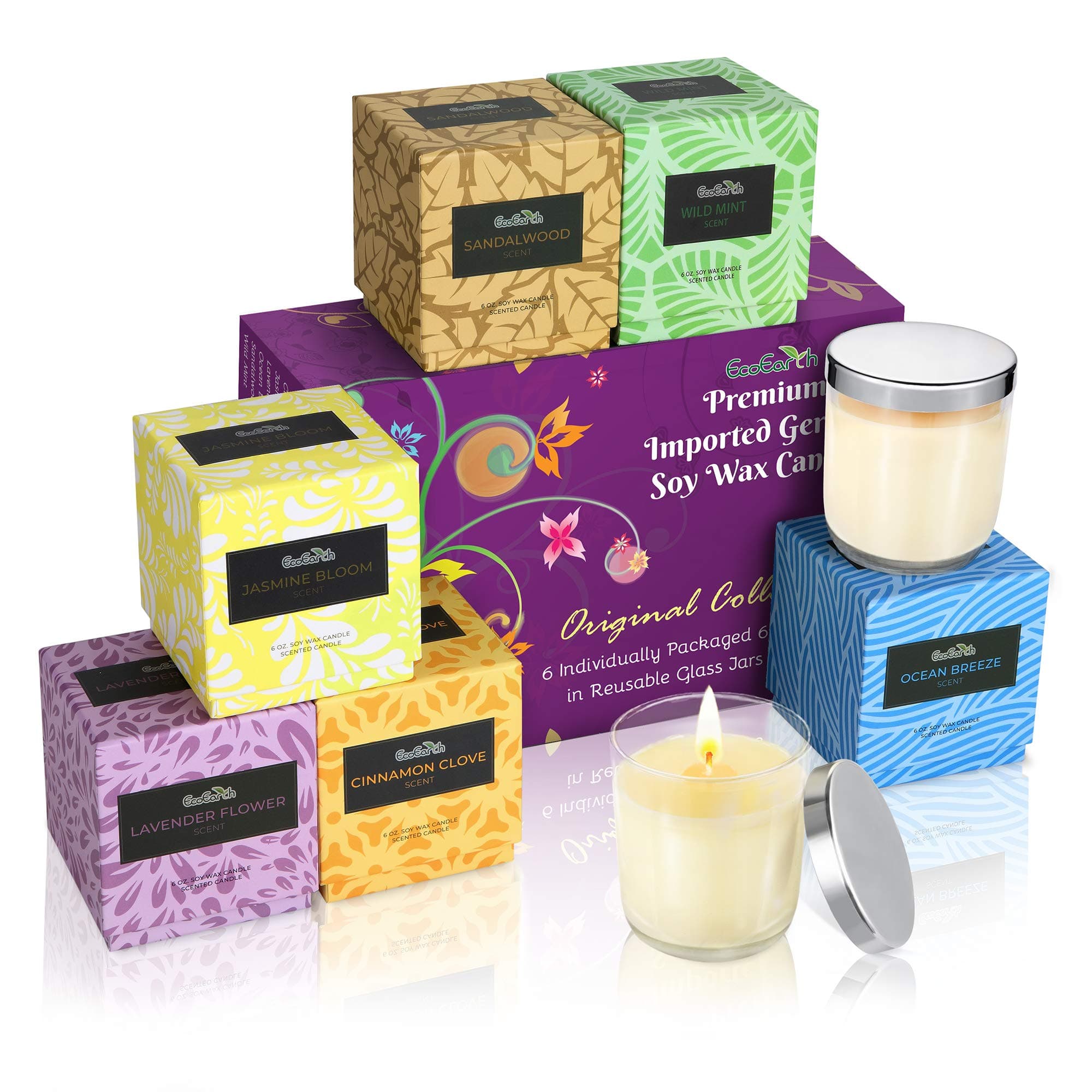 EcoEarth Deluxe Gift Candle Set, Full 6 oz (not 2 oz or 4 oz Sample Size) Eco-Friendly Glass Jar + Lid, Natural German Soy Wax Candles Scented w/US Essential Oils for Stress Relief (Assorted, 6 Pack)