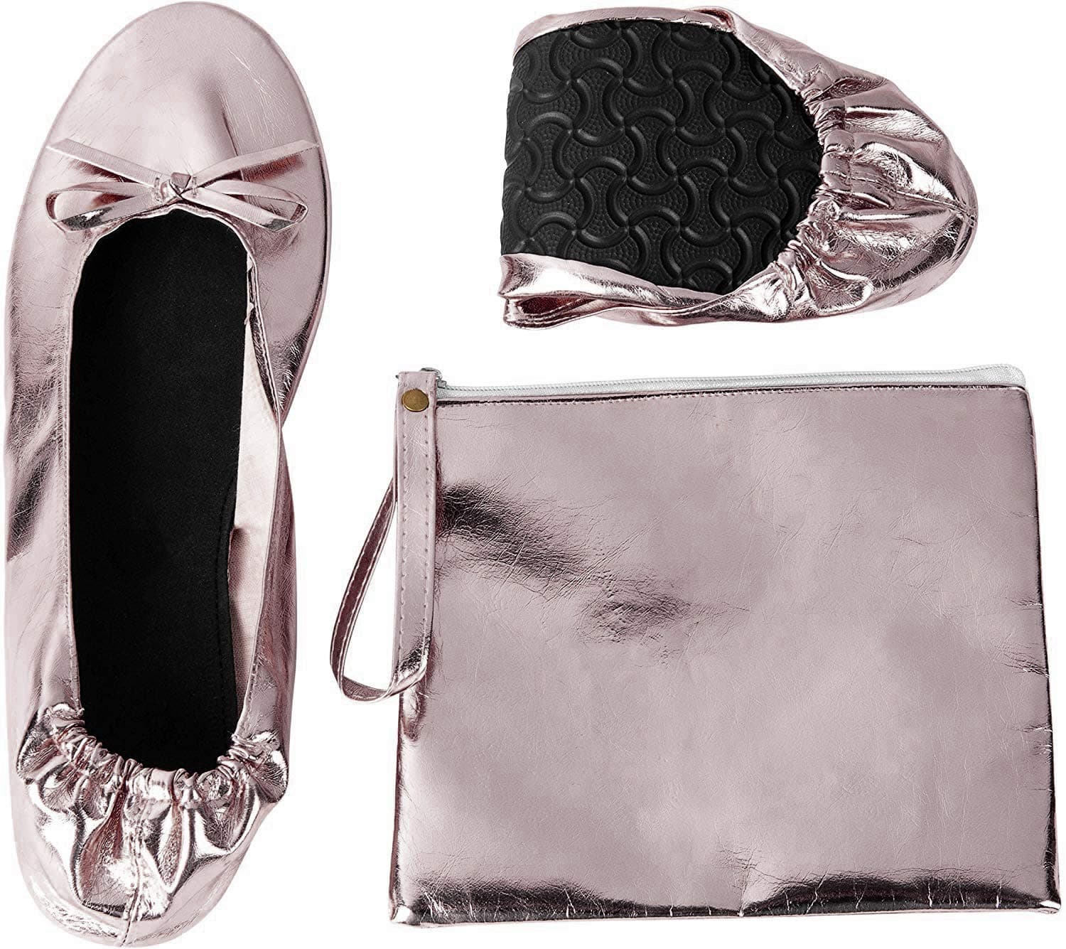 Foldable Ballet Flats - Women's Portable Ballerina Roll up Shoes with Pouch, Metallic Grey, XL