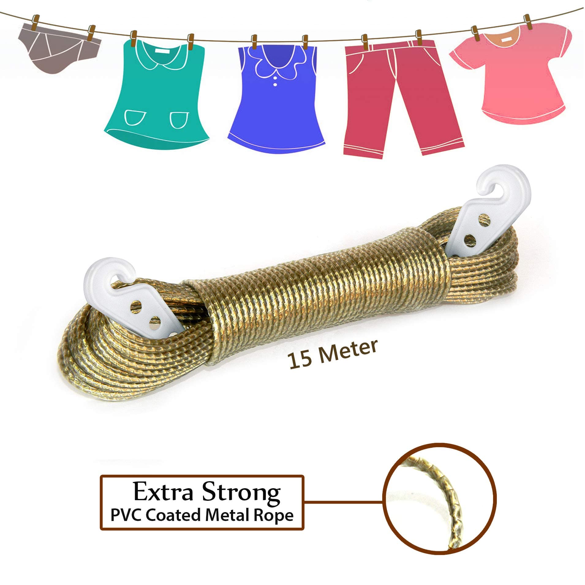 VESZON® Clothesline Heavy Duty Wet Cloth Laundry Rope with Hook PVC Coated Metal Cloth Drying Wire -15 Meter