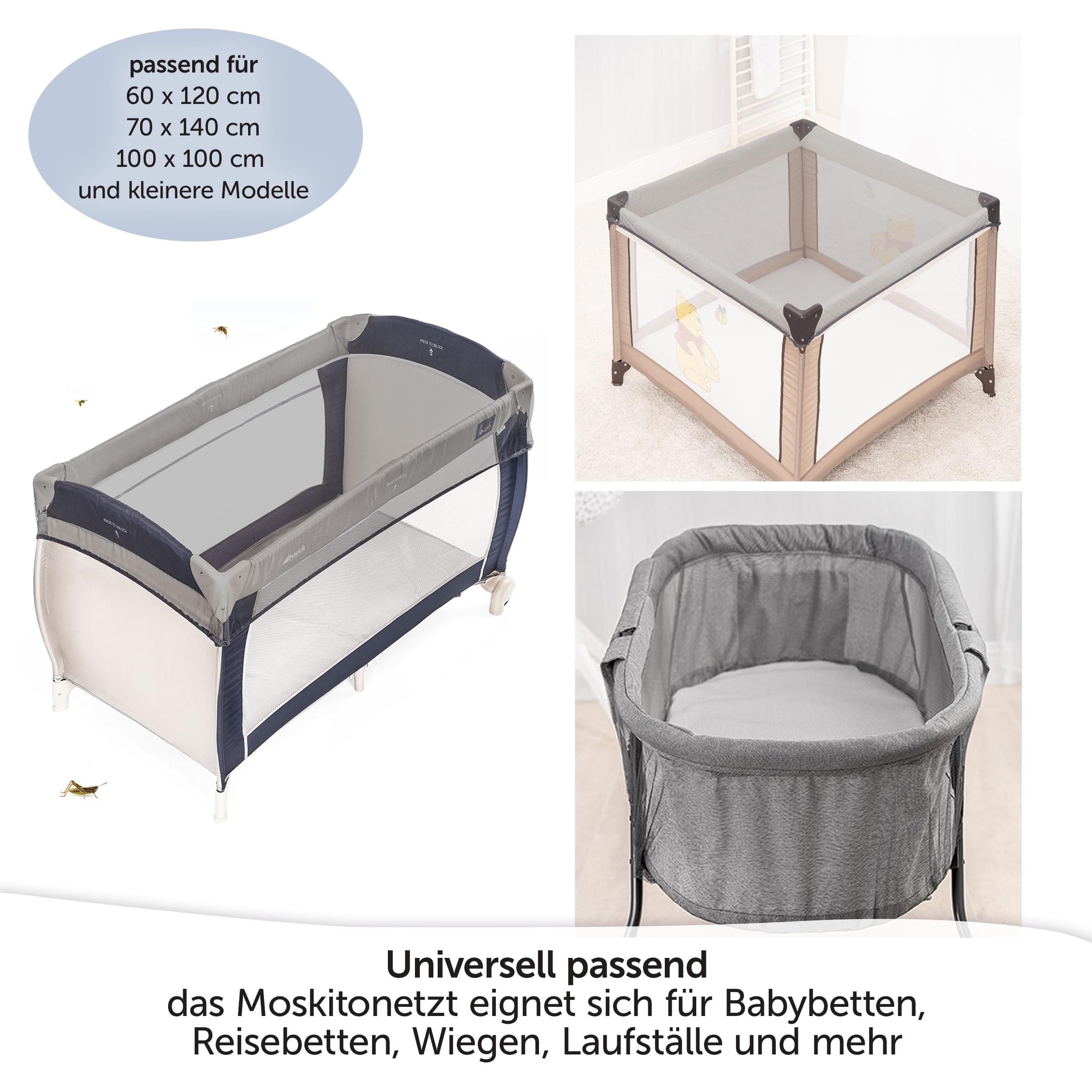 Universal Travel Cot, Insect Protection, Fine Mesh Mosquito Net for Baby Beds, Bassinets or Playpen, Grey