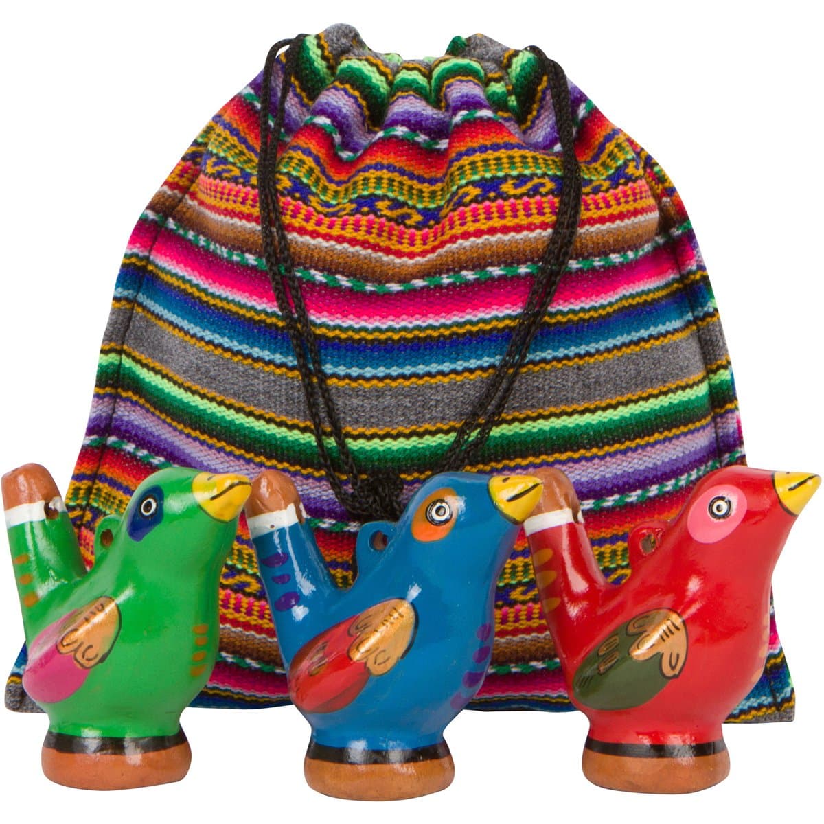 Beautiful Chirping Ceramic Ocarina Whistle Bird - Clay Fired and Hand-Painted in Peru 3-Pack Variety Colors - with Souvenir Carrying Bag