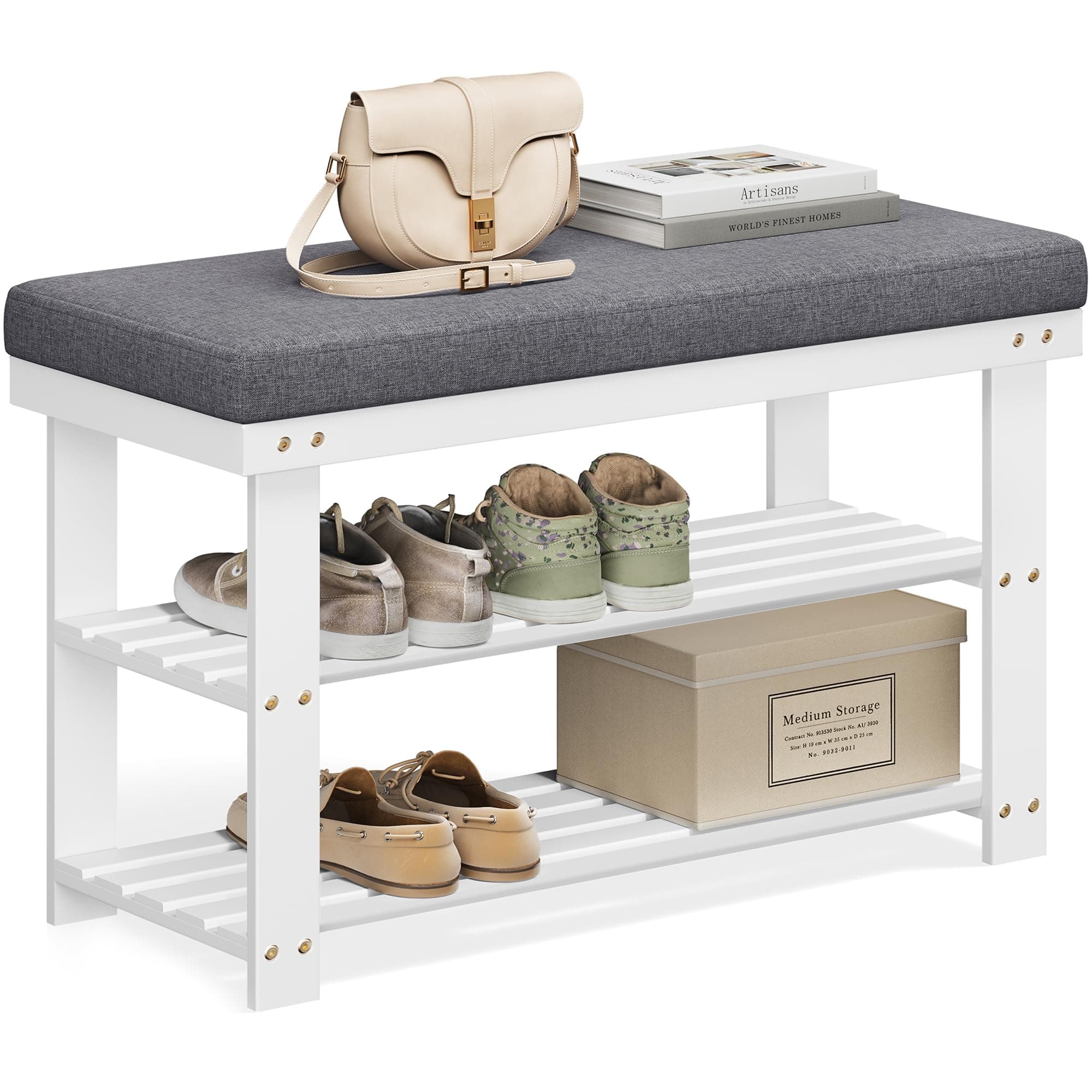 SONGMICS Bamboo Shoe Bench, 3-Tier Shoe Rack Organizer for Entryway, Living Room, Bench Seat Holds Up to 300 lb, 11.9 x 28.3 x 19.2 Inches, Cloud White and Slate Gray ULBS604W01