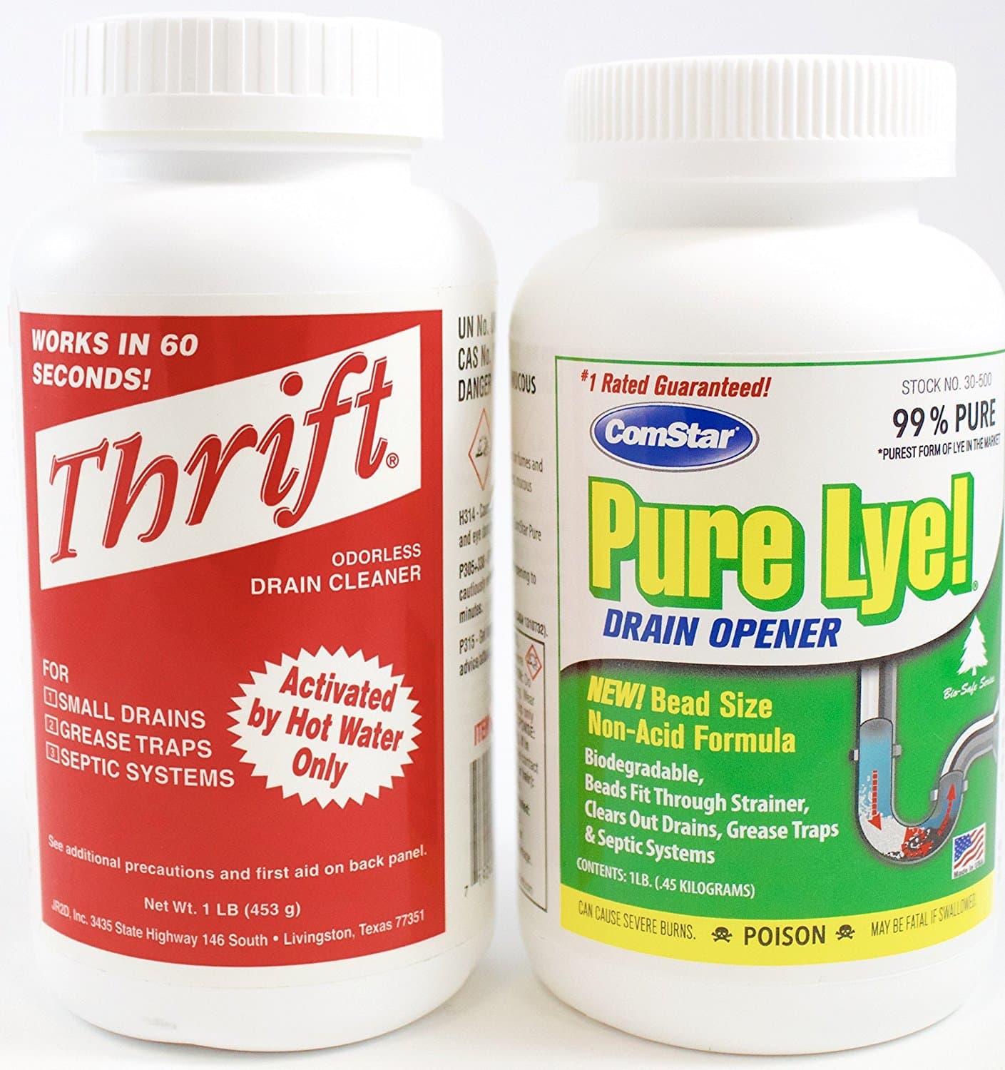 Thrift T-100 and Comstar Pure Lye Drain Cleaning Products