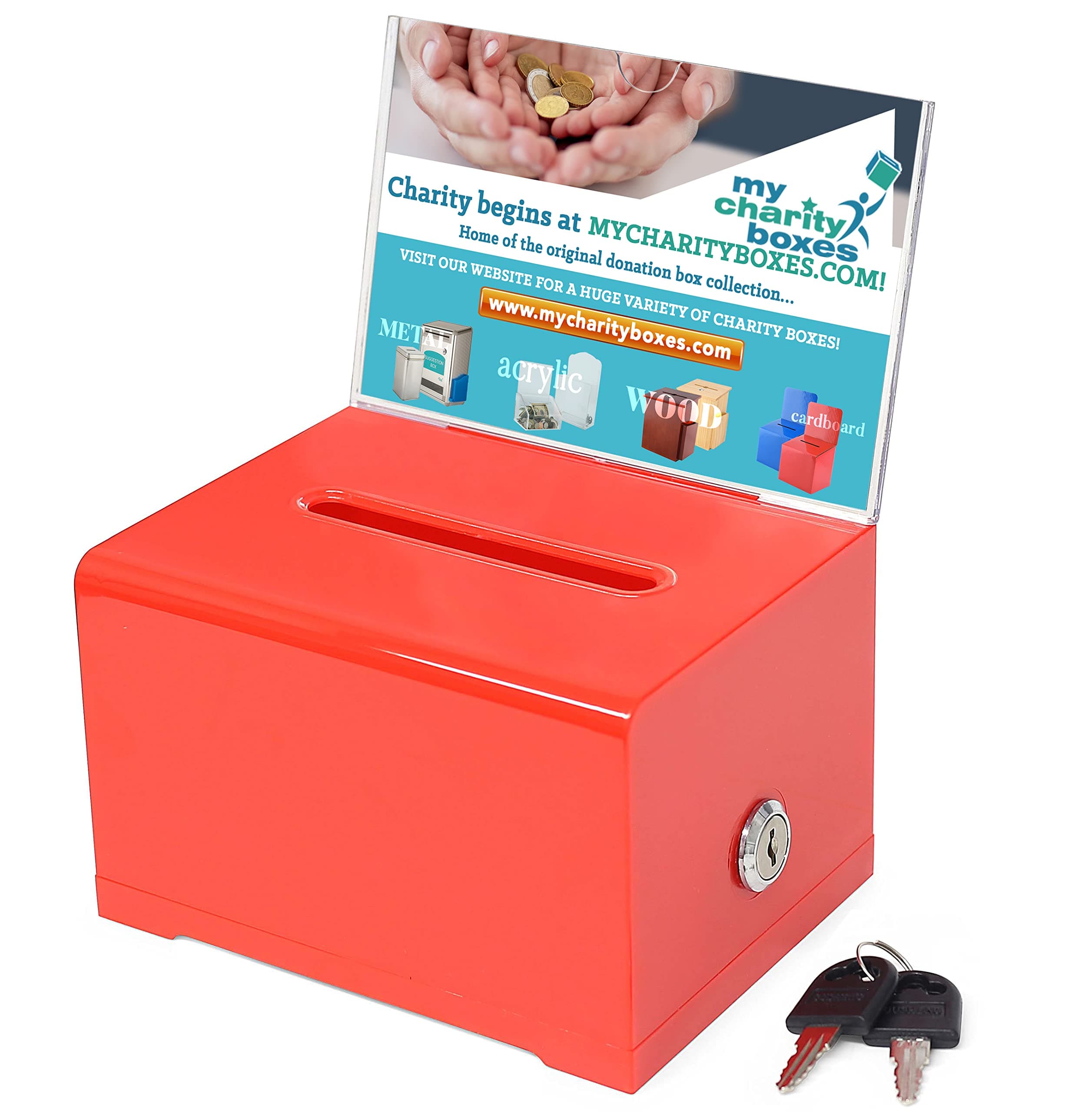 My Charity BoxesMCB Quality Acrylic like Donation and Suggestion Ballot Box with Lock - Secure and Safe Drawing ticket Box - Great for Business Cards and events (Red)
