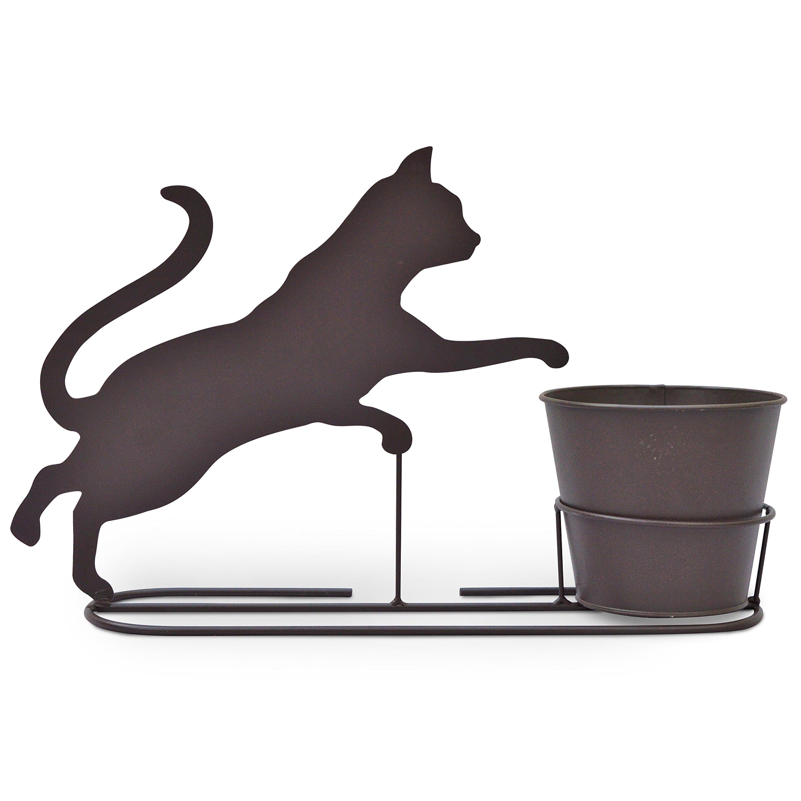 Rustic Garden Plant Pot and Stand with Playful Kitten Silhouette