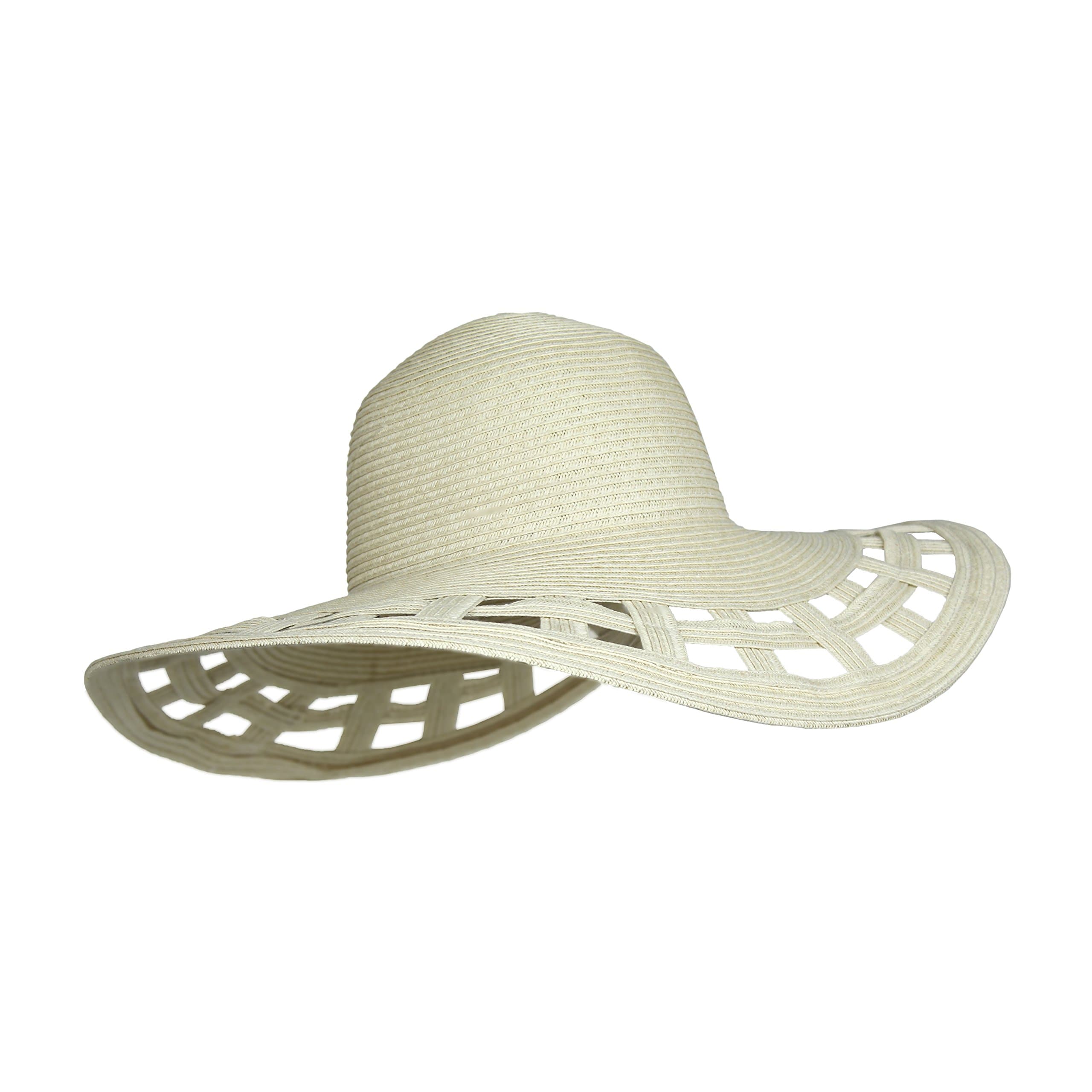 Cute Straw Derby Sun Hat w/Square Cut-Outs, Wide Brim Floppy Beach Cap