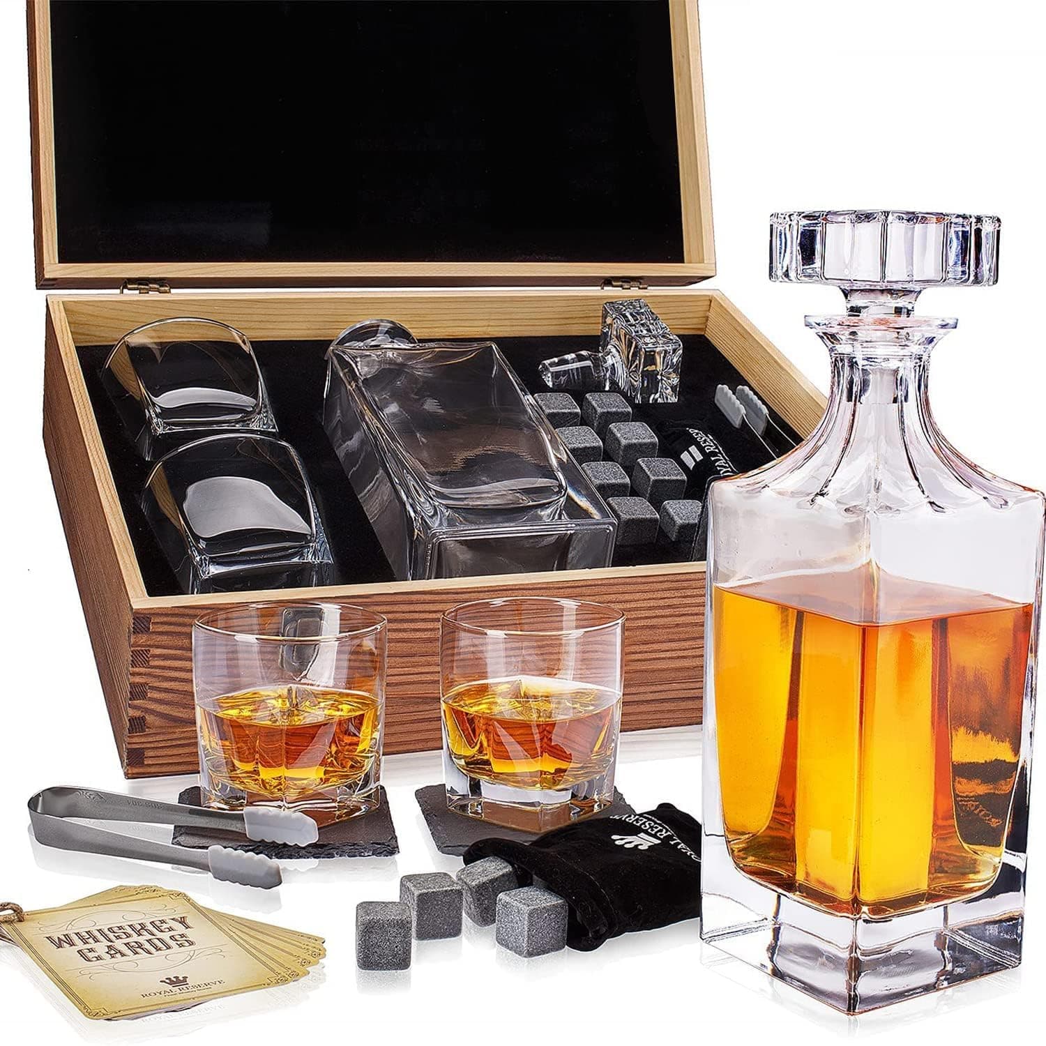 Royal Reserve Whiskey Decanter Gift Set | Husband Birthday Gifts Artisan Crafted Chilling Rocks Stones Scotch Bourbon Holder – For Men Dad Boyfriend Anniversary