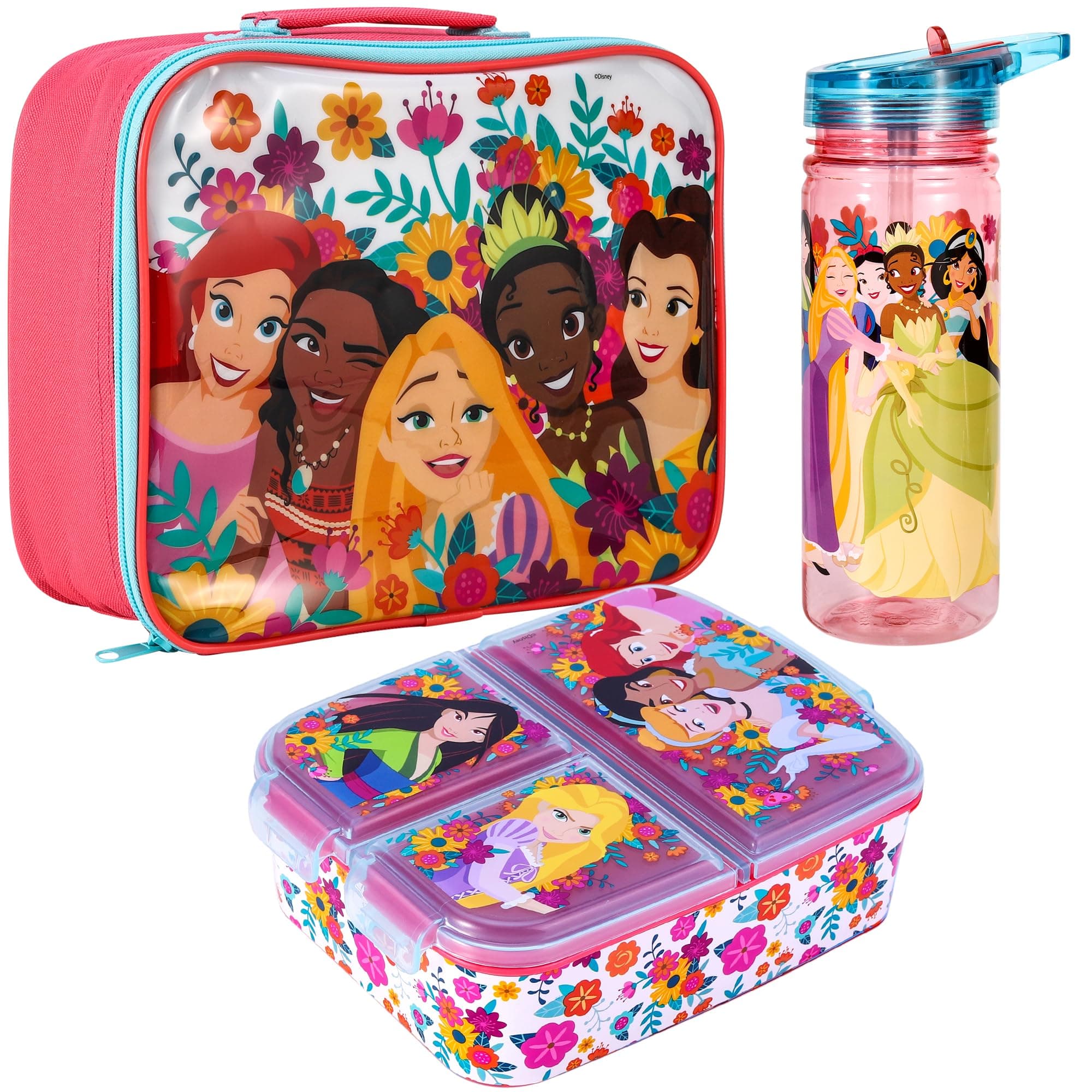 Zawadi Global Disney Princess Kids Childrens Lunch Box Set – Insulated Lunch Bag, Multicompartment Lunch Box & 580ml Water Bottle - School Travel Lunch Food Set, BPA Free